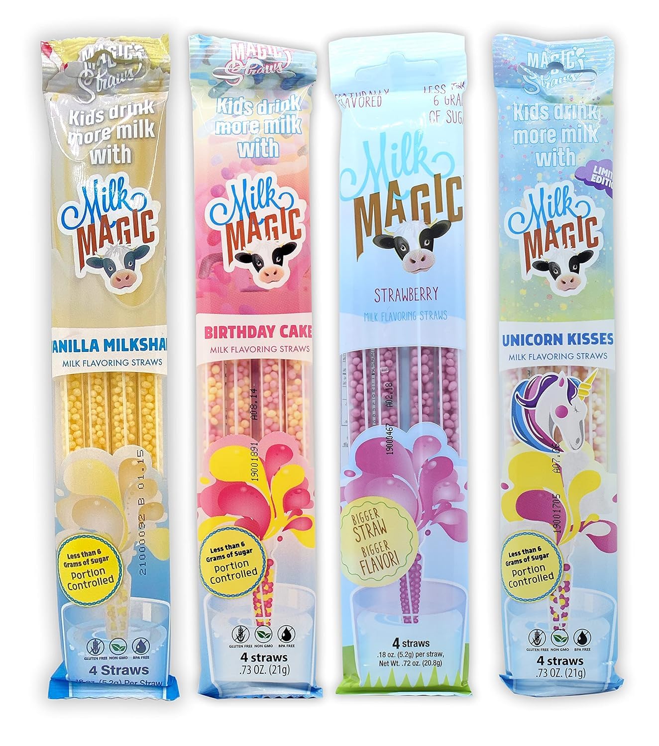 Milk Magic Milk Straws 4-Pack Bundle (16 Count), Vanilla Milkshake, Birthday Cake, Strawberry, Unicorn Kisses Flavoring Cereal Straws