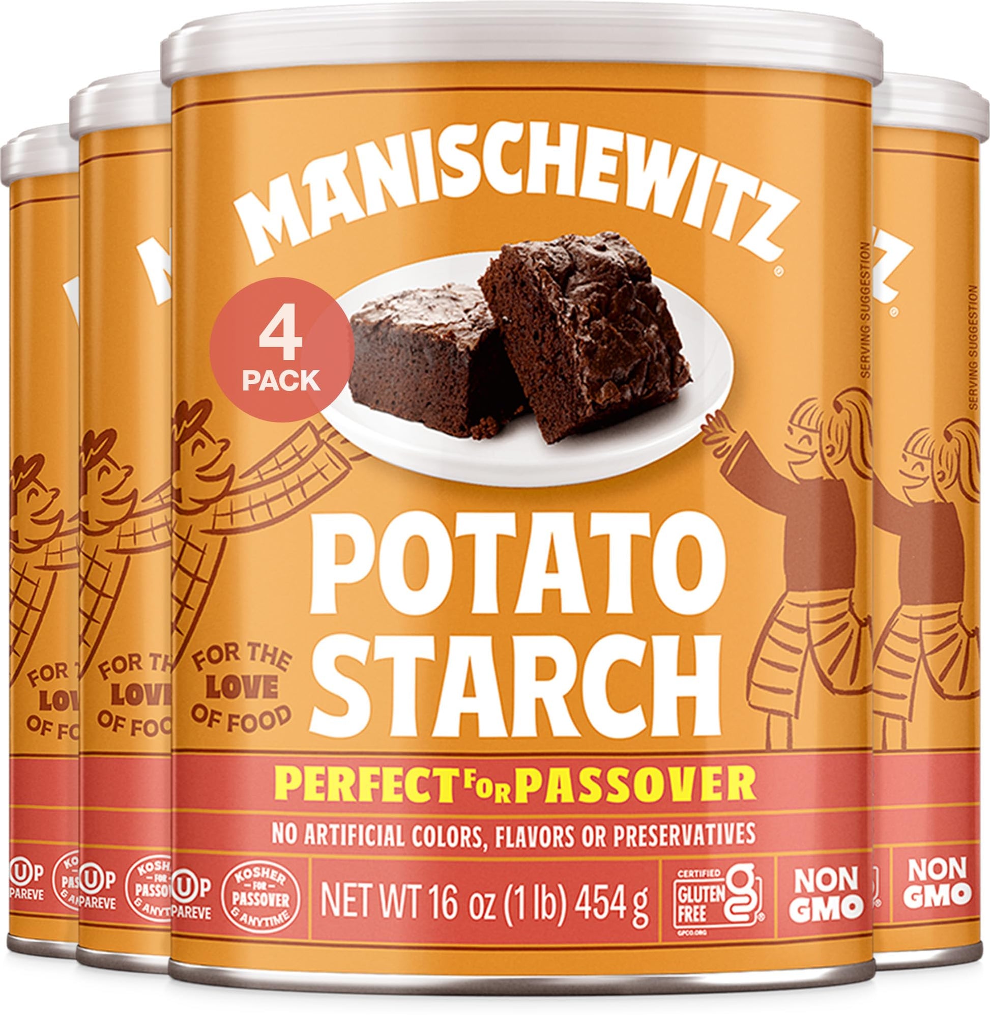 Manischewitz Bulk Potato Starch, 16oz (4 Pack = 4 Pounds) | Resealable Container | Gluten Free | Non GMO | Certified Kosher (Inc