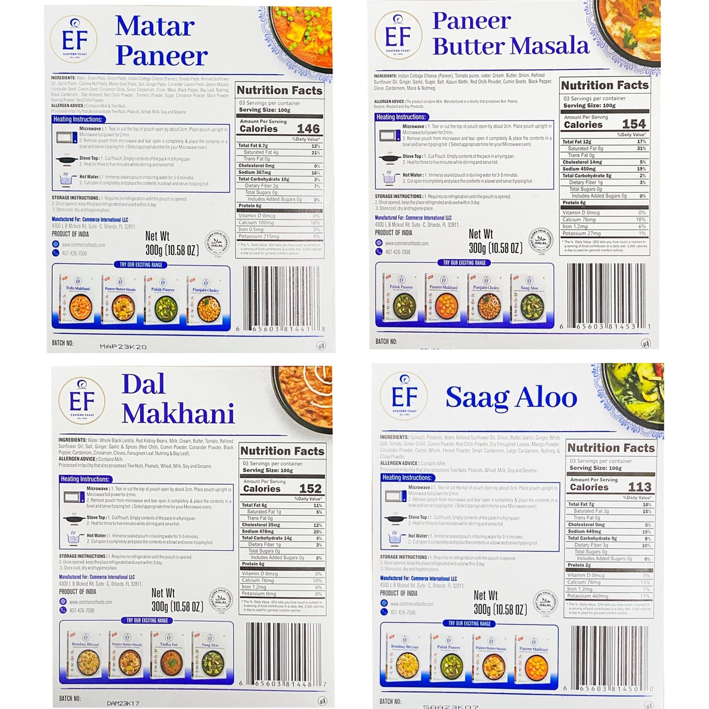 Eastern Feast - Rte Variety Mix #2, (Matar Paneer, Butter Paneer, Dal Makhani, Saag Aloo), Ready To Eat Vegetarian Meals, (10.58