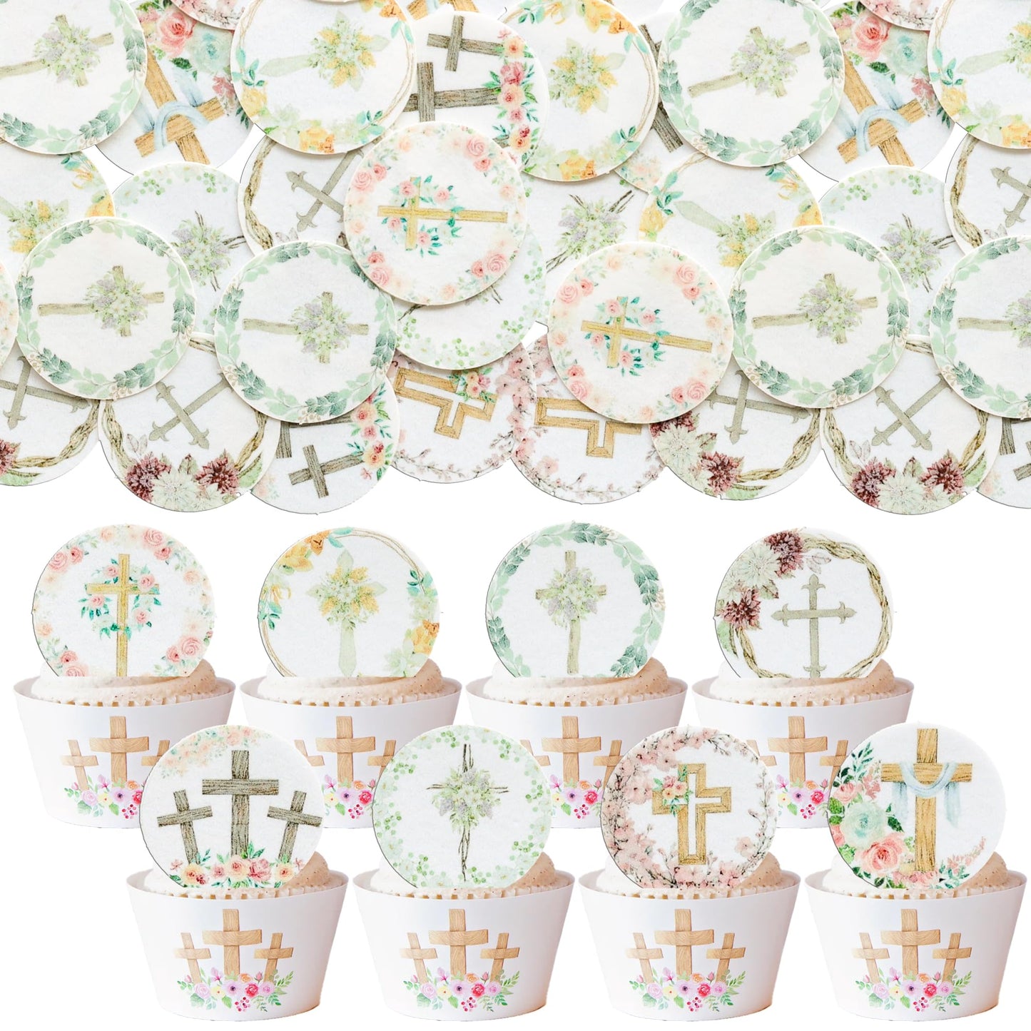 Gyufise 48Pcs Edible Floral Happy Easter Cupcake Toppers Wafer Paper God Bless Cupcake Picks Edible Easter Bunny Cupcake Decors 