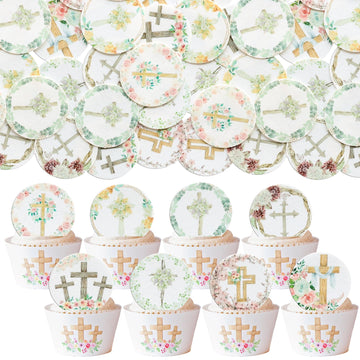 Gyufise 48Pcs Edible Floral Happy Easter Cupcake Toppers Wafer Paper God Bless Cupcake Picks Edible Easter Bunny Cupcake Decors 