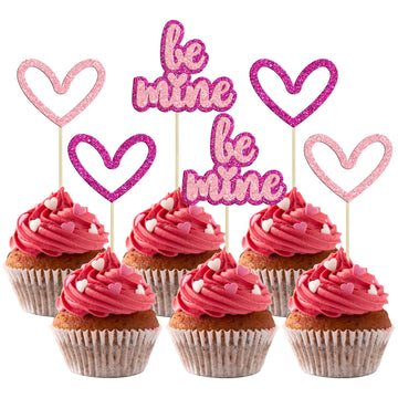 Gyufise 24Pcs Heart Cupcake Toppers Pink Glitter Be Mine Valentine'S Day Cupcake Pick Decorations For Valentine'S Day Birthday W