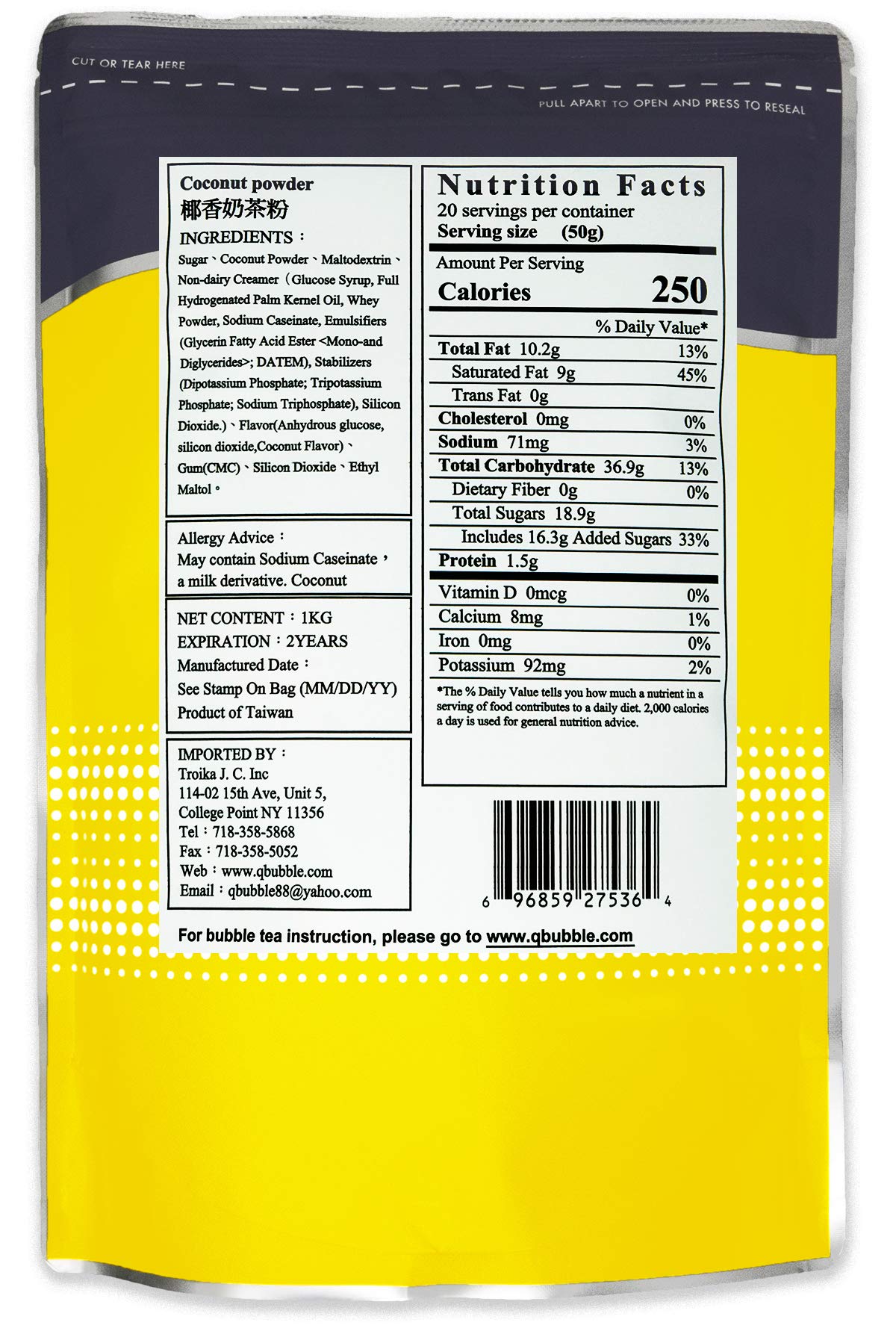 Qbubble Tea Powder Coconut Powder, 35.27 Ounce, Pack of 1, Ideal for Bubble Tea and Smoothies