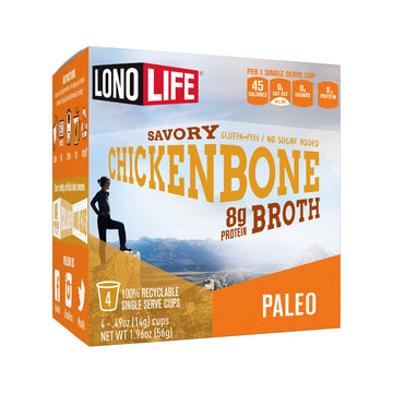 LonoLife Chicken Bone Broth Powder with 8g Protein, Paleo and Keto Friendly, Gluten-free, Single Serve Cups, 4 Servings, (Equal 