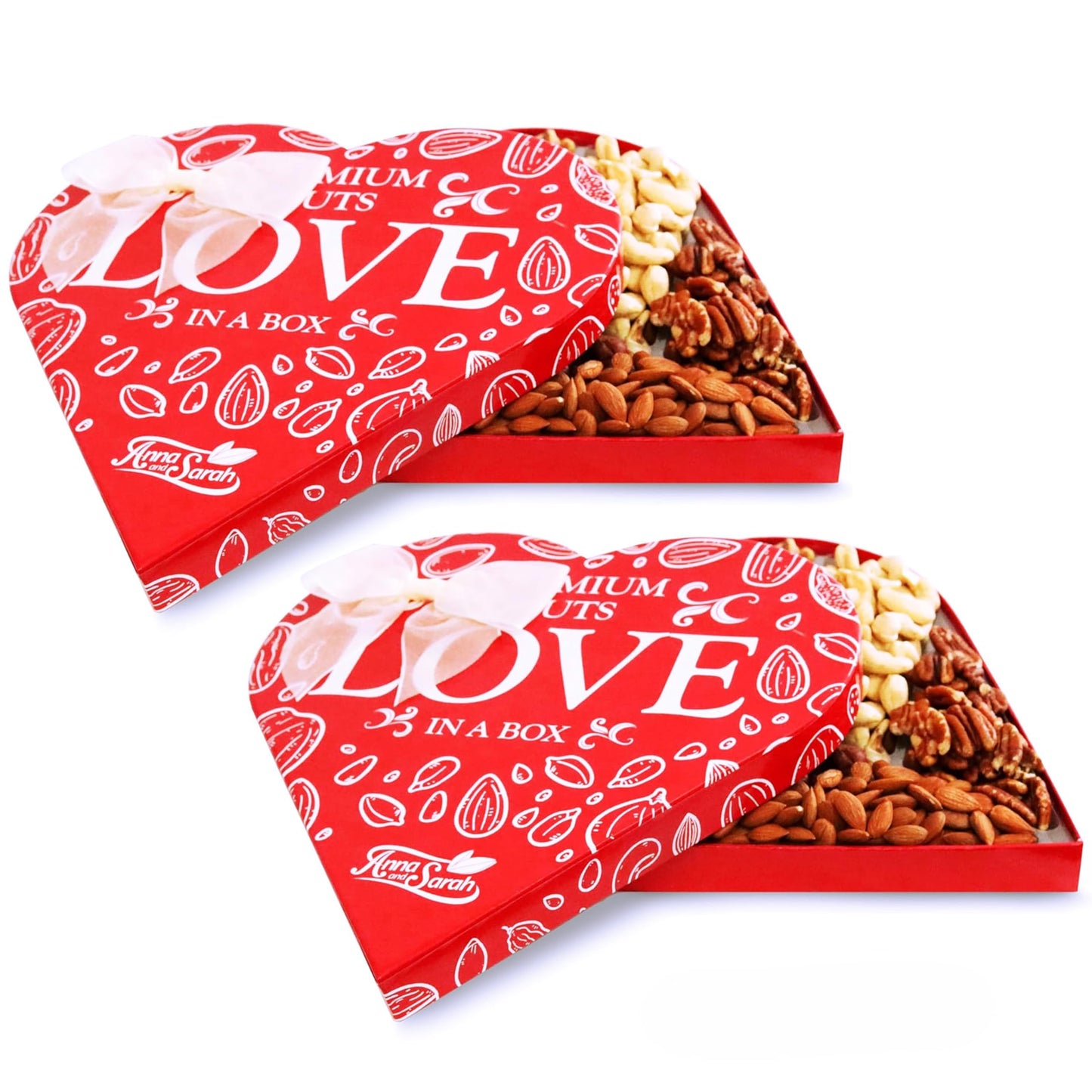 Anna and Sarah 2 Pack Premium Mixed Nuts Large Size Heart Shaped Gift Basket, Walnut-Almond-Cashew-Oregon Hazelnut-Apricot Seed-