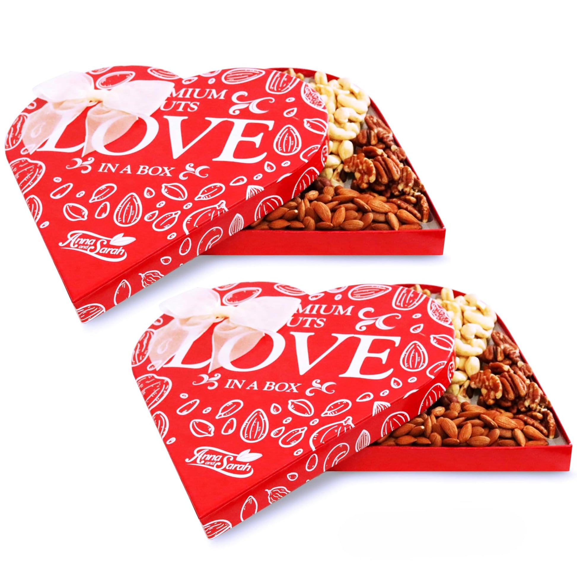 Anna and Sarah 2 Pack Premium Mixed Nuts Large Size Heart Shaped Gift Basket, Walnut-Almond-Cashew-Oregon Hazelnut-Apricot Seed-