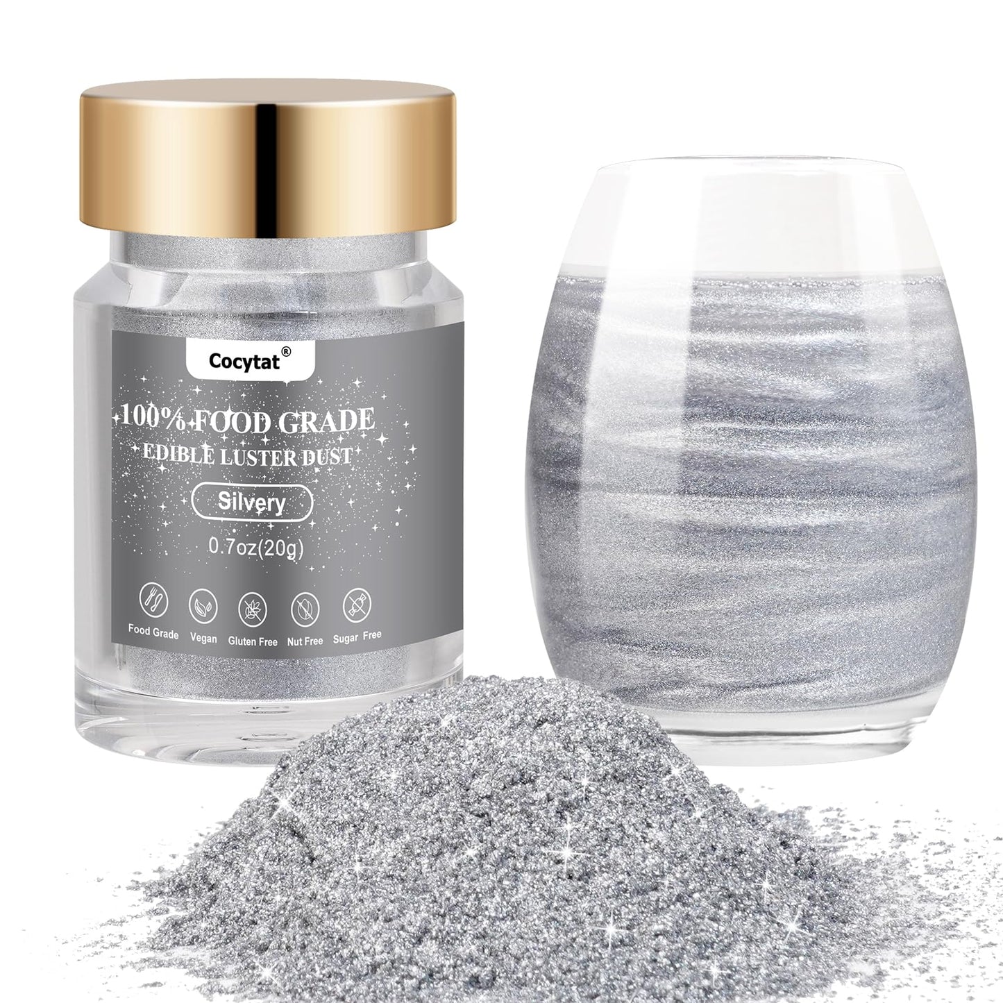 Cocytat Silver Edible Glitter Luster Dust 20g Food Grade for Baking & Decoration