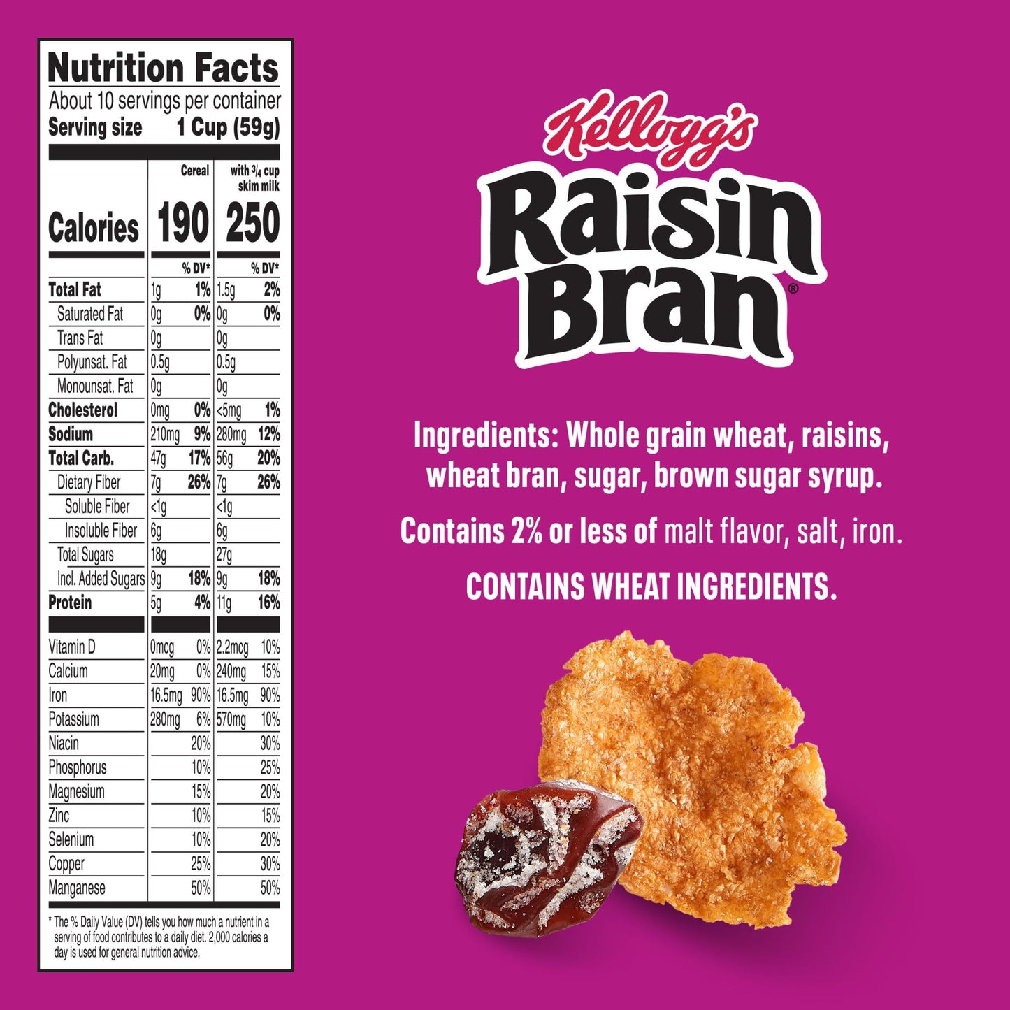 Kelloggs Raisin Bran Breakfast Cereal  High Fiber  28g Whole Grain  Family Size  22.1 oz