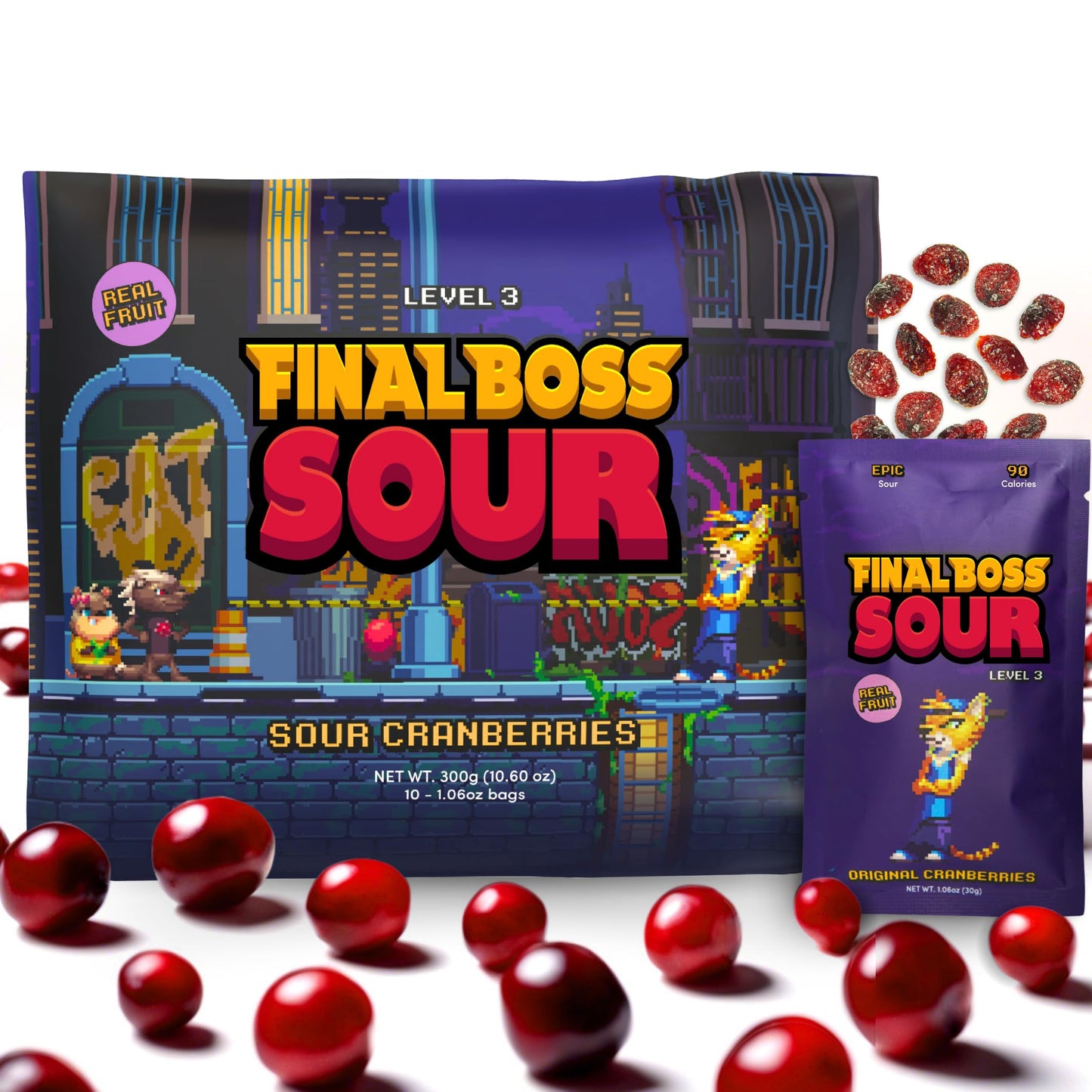 FINAL BOSS Sour Gummy Candy, Cranberry, Extremely Super Sour, 10 Bags, 1.06 oz Each, Low Calorie Snack