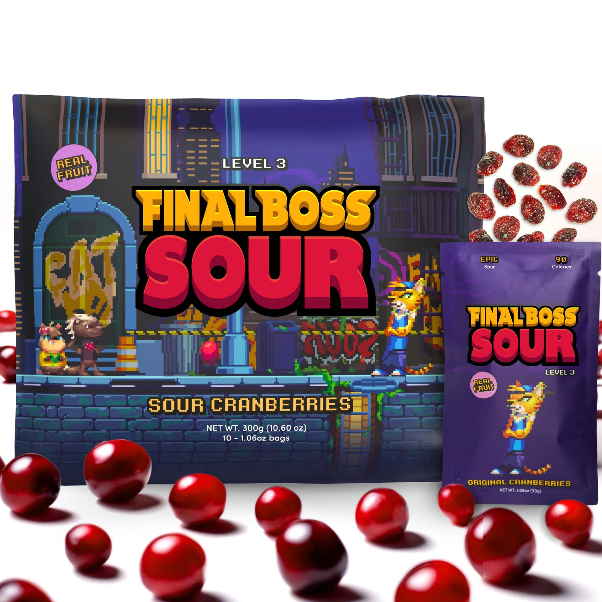 FINAL BOSS Sour Gummy Candy, Cranberry, Extremely Super Sour, 10 Bags, 1.06 oz Each, Low Calorie Snack