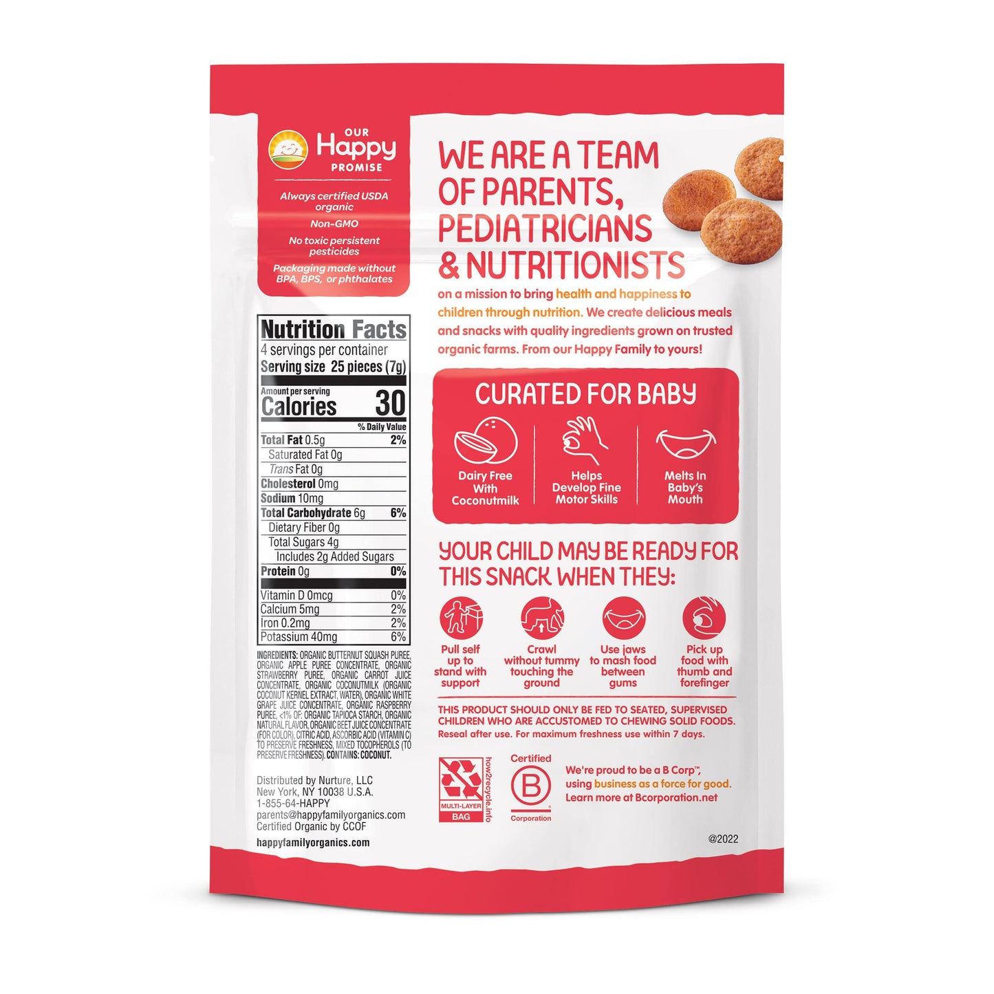 Happy Baby Organics Creamies Freeze-Dried Veggie & Fruit Snacks With Coconut Milk Strawberry Raspberry & Carrot, 1 Ounce (Pack O