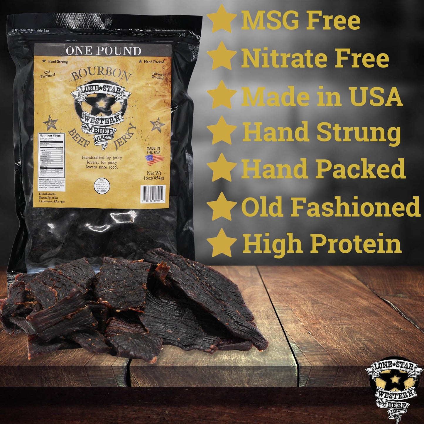 Lone Star Beef Jerky - spirit-inspired flavor Flavored, Hickory Smoked, High Protein Snack - 1 Pound Resealable Bag