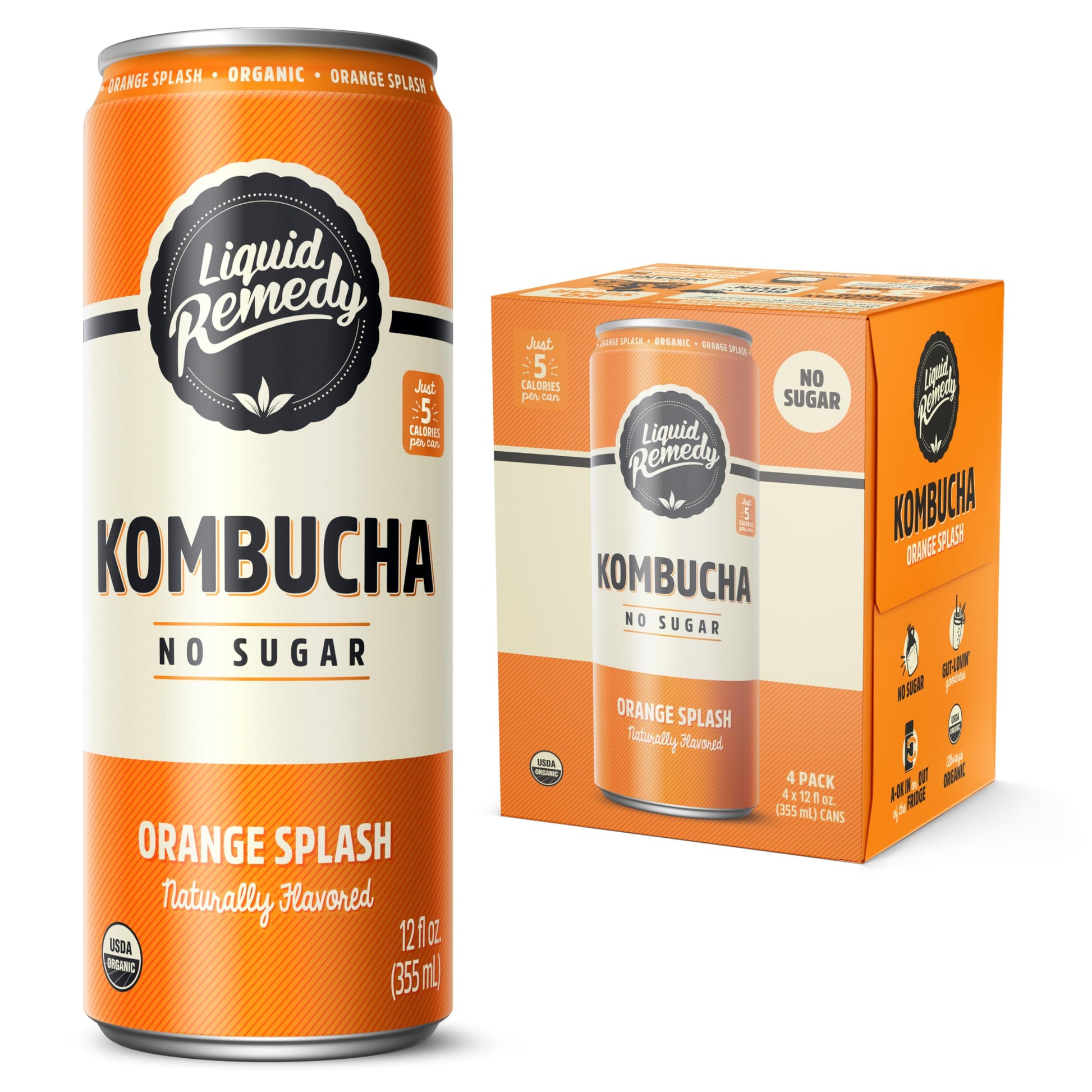 Liquid Remedy Kombucha Sugar Free Organic Drink  Low Calorie  Probiotic Like Tea for Gut Health - Orange Splash - 12 Fl Oz Can  4-Pack