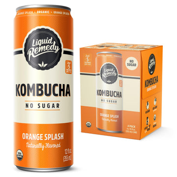 Liquid Remedy Kombucha Sugar Free Organic Drink  Low Calorie  Probiotic Like Tea for Gut Health - Orange Splash - 12 Fl Oz Can  4-Pack