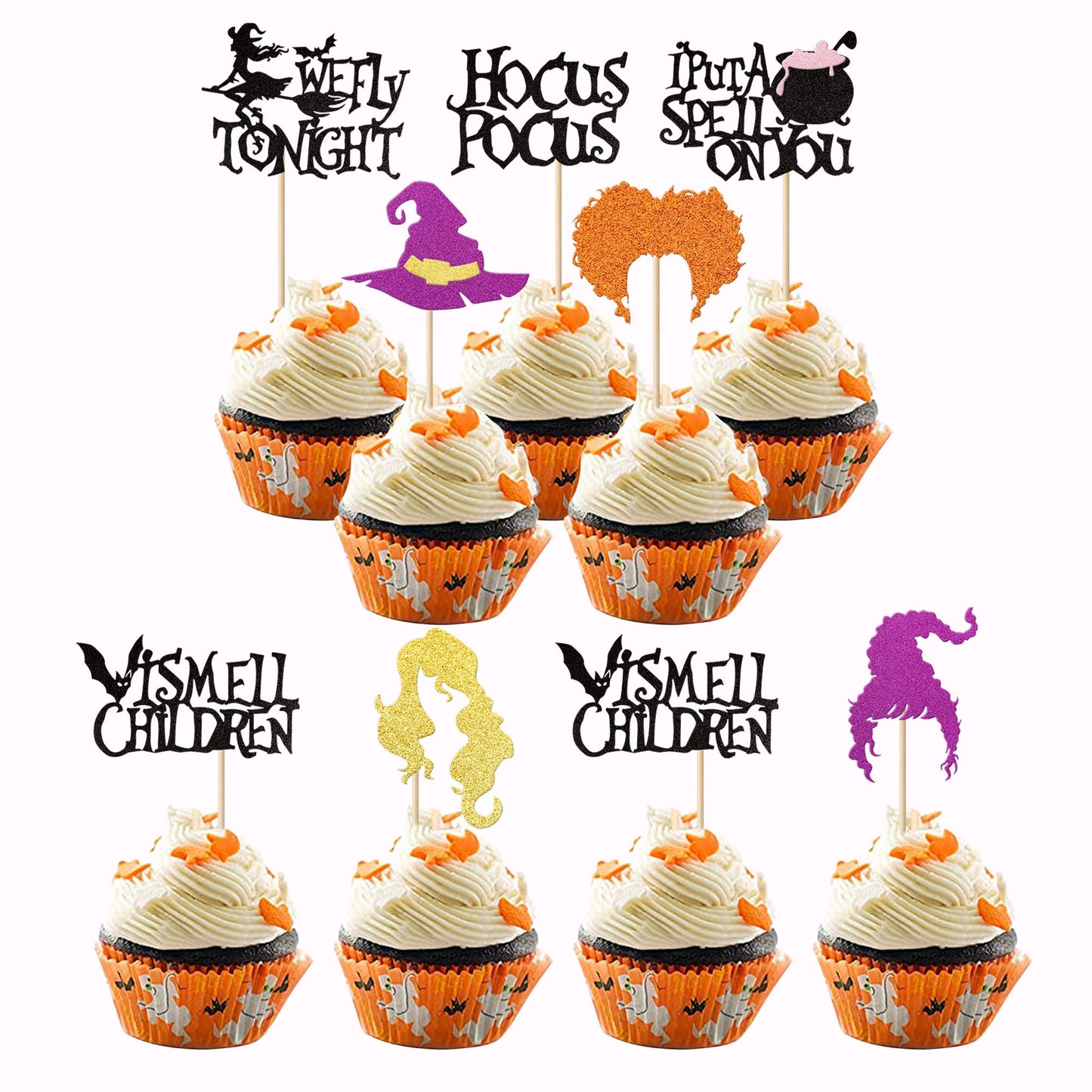 YCTHUNFISH 24 Pack Cupcake Toppers Glitter Witch Hair Halloween Picks, Paper, 2.1x4.2 to 1.7x4.2 inch, Kids
