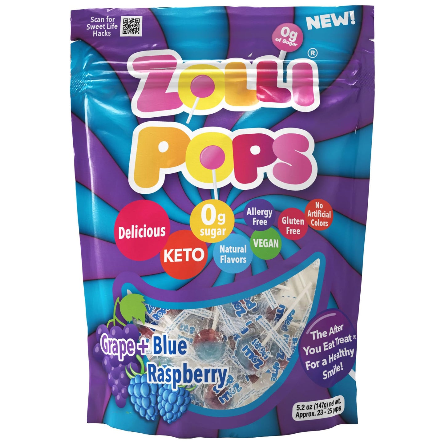 Zollipops Blue Raspberry-Grape Duo Pops - Sugar-Free, Allergy-Free, Vegan, Keto & Diabetic Friendly, Clean Teeth Candy, Blue-Pur