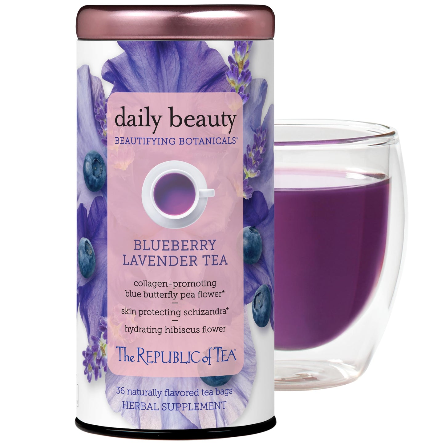 The Republic of Tea Beautifying Botanicals Daily Beauty Herbal Tea Bags, Blueberry Lavender, 36 Count, Purple