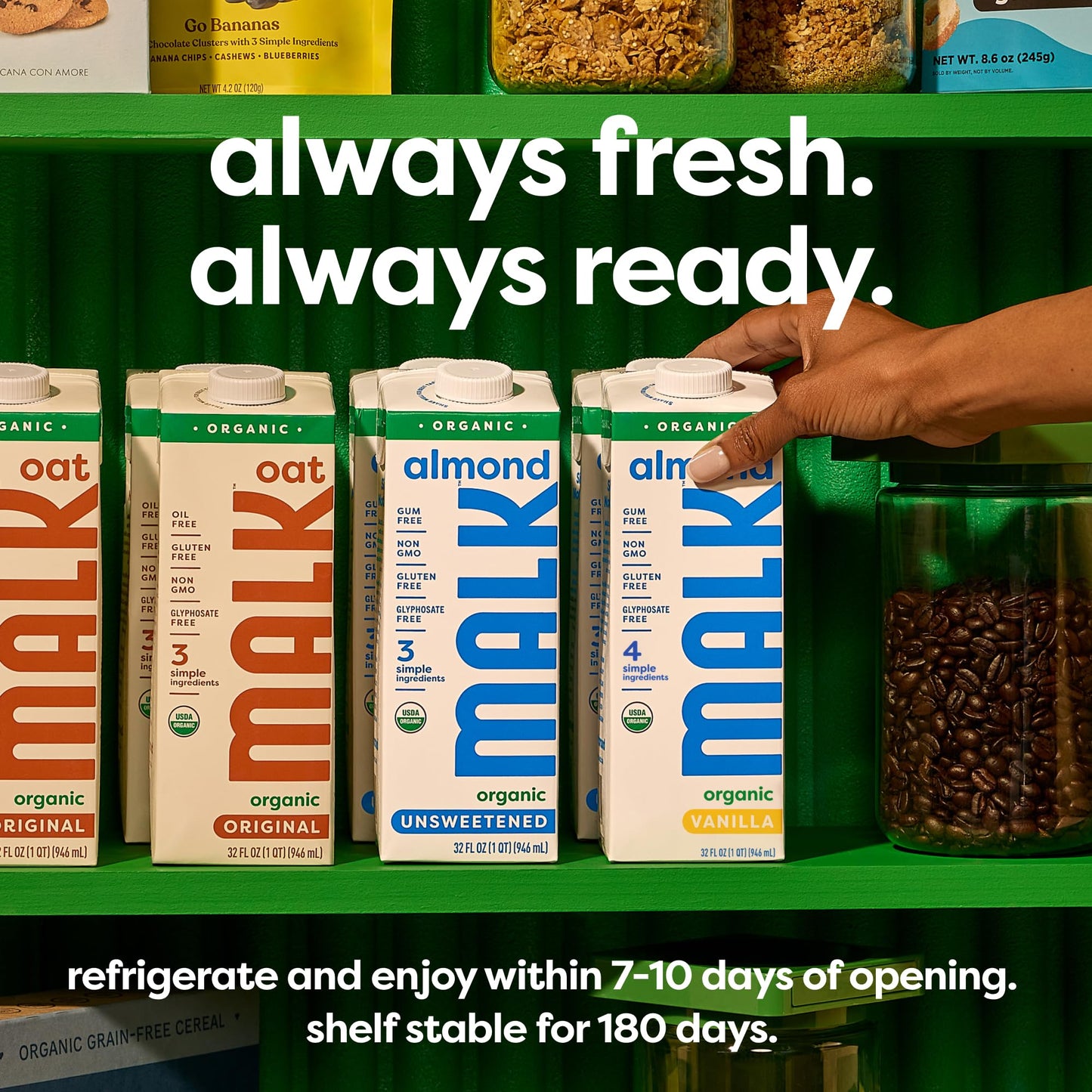 MALK Almond Milk Unsweetened Vanilla (32oz  Pack of 6) - Shelf Stable Organic Almond Milk Vanilla  Non GMO  Whole 30  Dairy Free  Vegan  Plant Based  No Gums or Fillers - Lattes Cereal Coffee Creamer