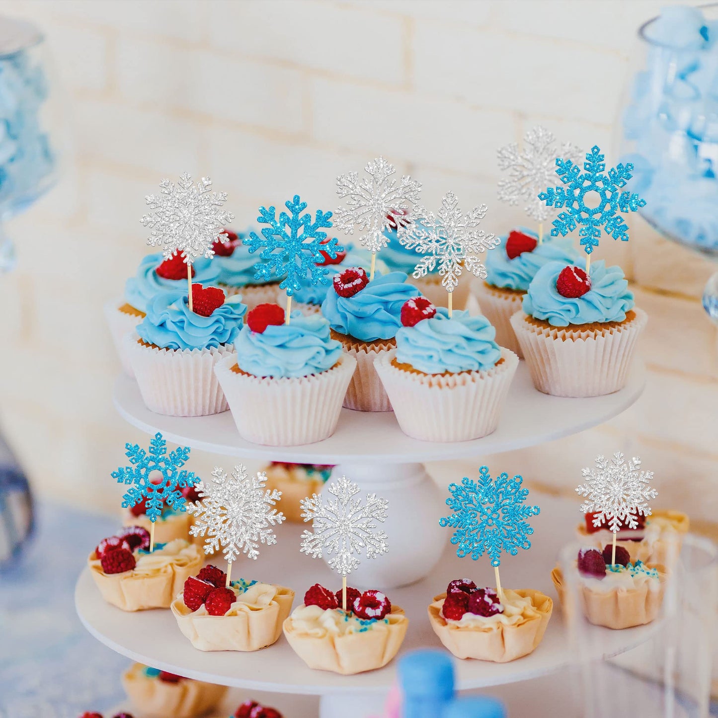Gyufise 36Pcs Snowflake Cupcake Toppers Glitter Winter Frozen Theme Cupcake Picks For Winter Wonderland Snowflake Theme Baby Sho