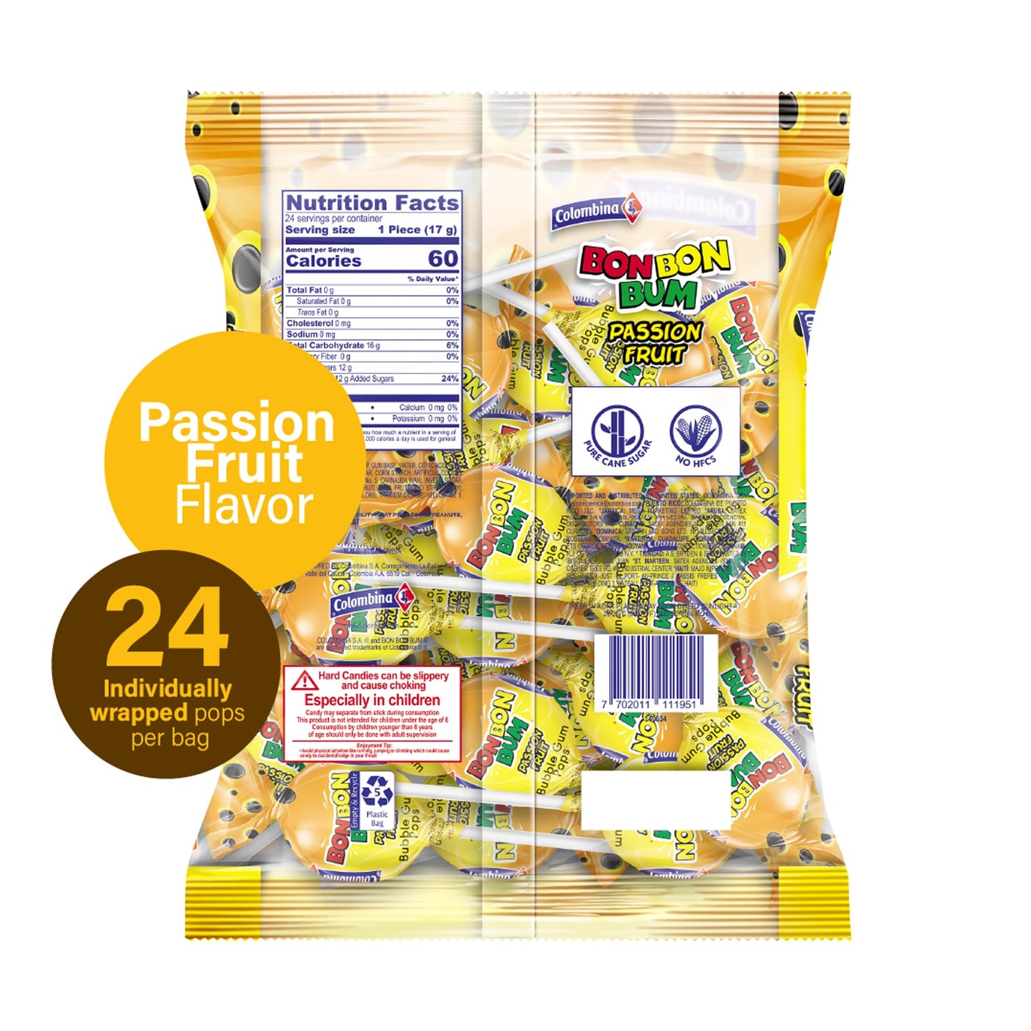 Colombina Bon Bon Bum Lollipops Tropical Passion Fruit Flavor, 24 Count (Pack Of 1)
