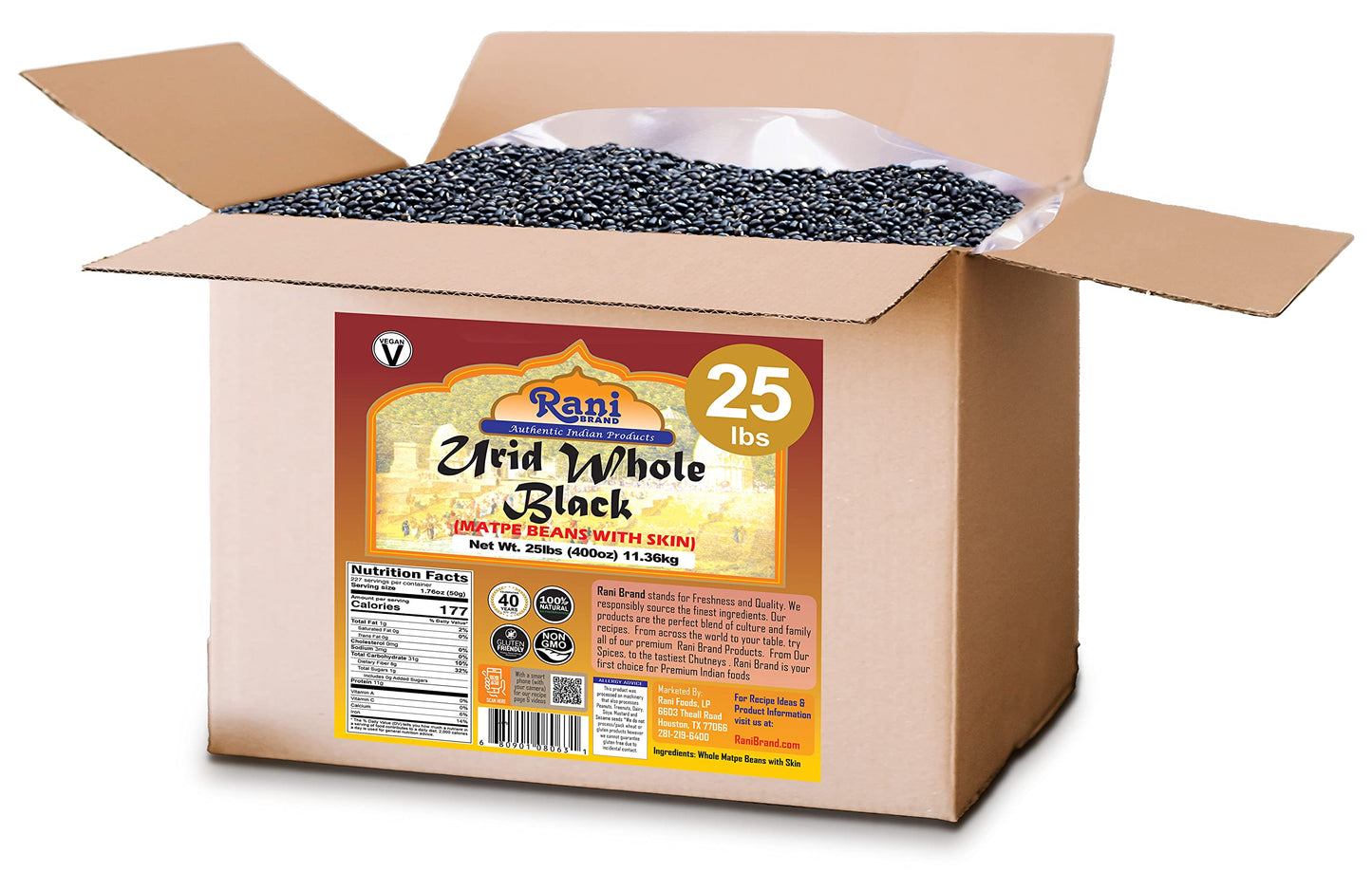 Rani Urid/Urad Whole Black (Matpe Beans With Skin) Indian Lentils 400Oz (25Lbs) 11.36Kg Bulk Box ~ All Natural | Gluten Friendly