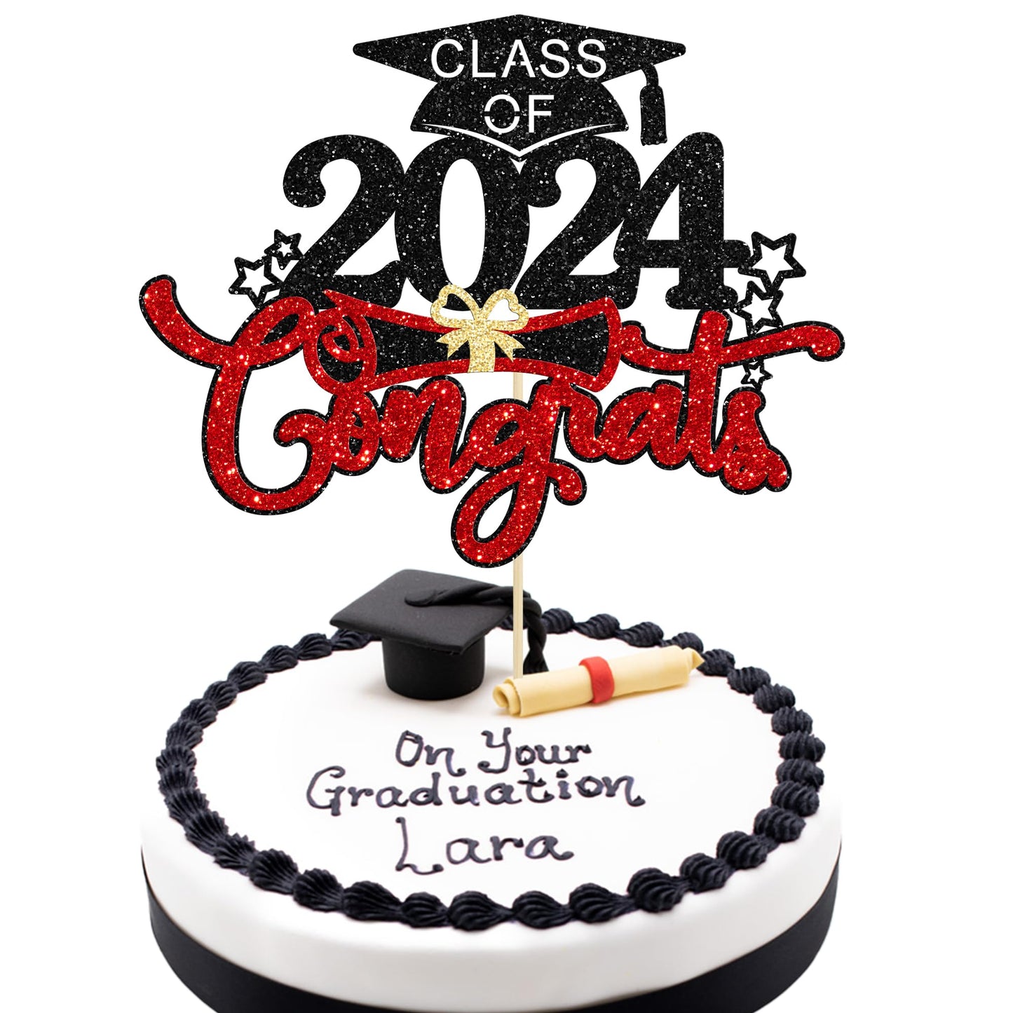 1Pc Congrats Grad 2024 Cake Topper Red Glitter Diploma Graduation Cap Cake Pick Congrats Class Of 2024 Cake Decorations For 2024