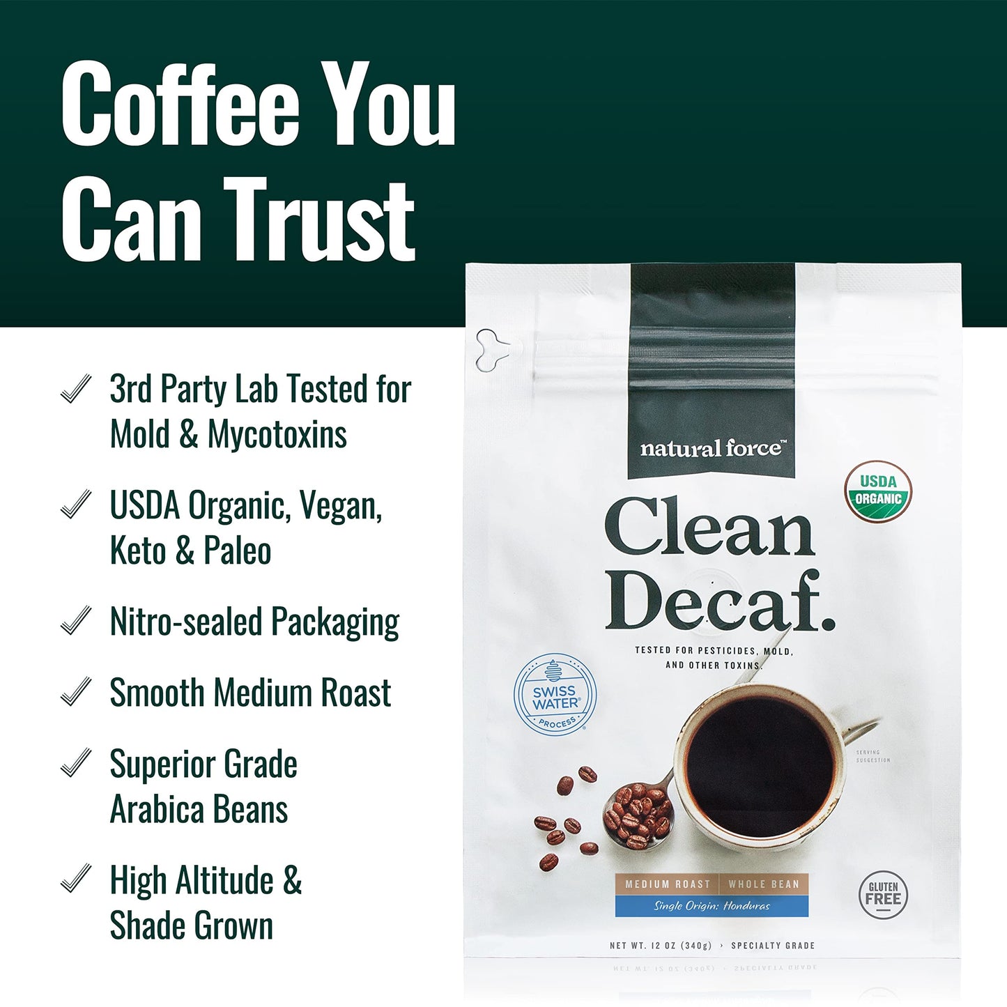 Natural Force - Organic Clean Decaf Coffee  Mold & Mycotoxin Free  Lab Tested for Toxins & Purity  Low Acidity  Whole Bean Swiss Water Decaf Medium Roast  12 oz