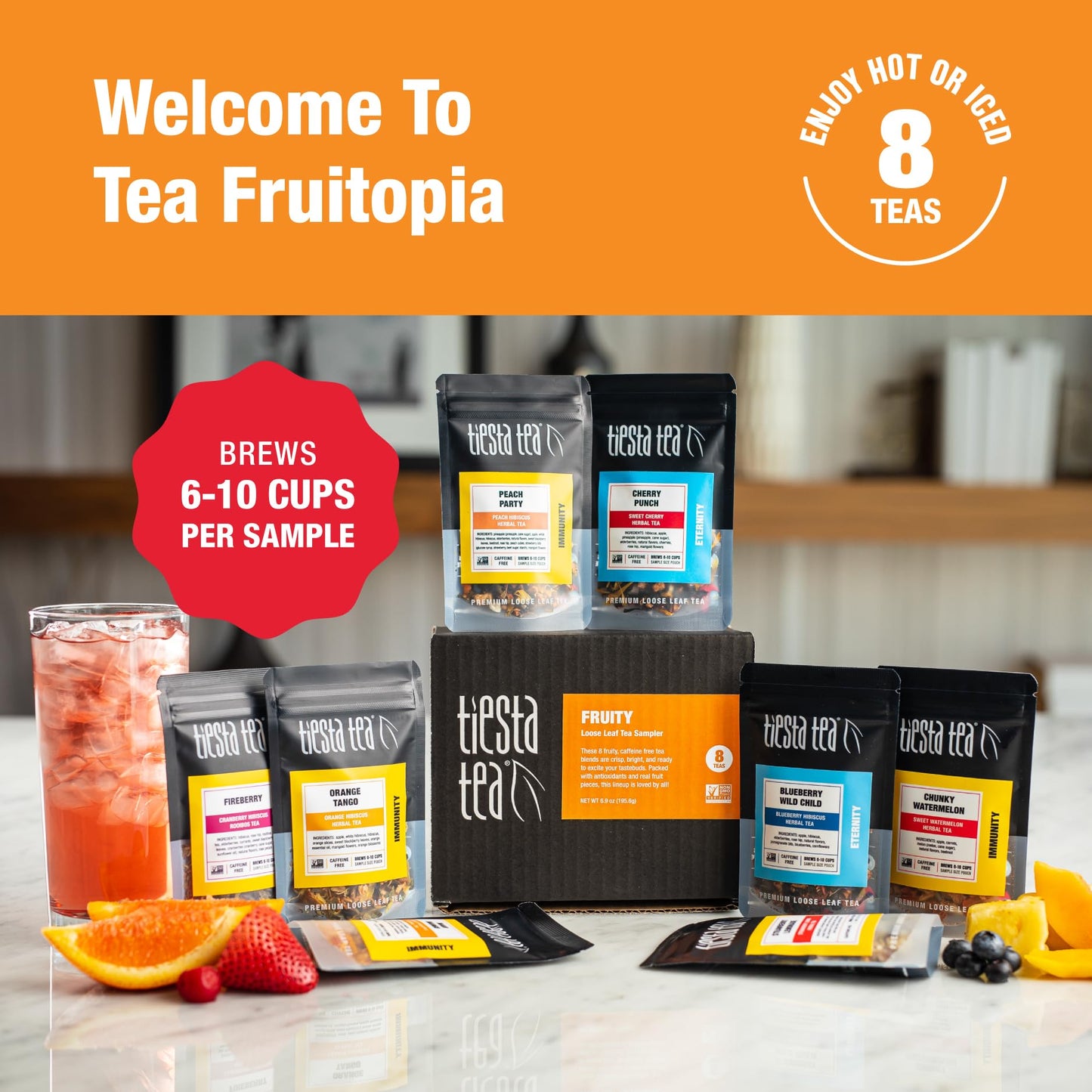 Tiesta Tea Fruity Tea Sampler Set, Loose Leaf, No Caffeine, Assorted Fruit Brews, 8 Resealable Sample Pouches