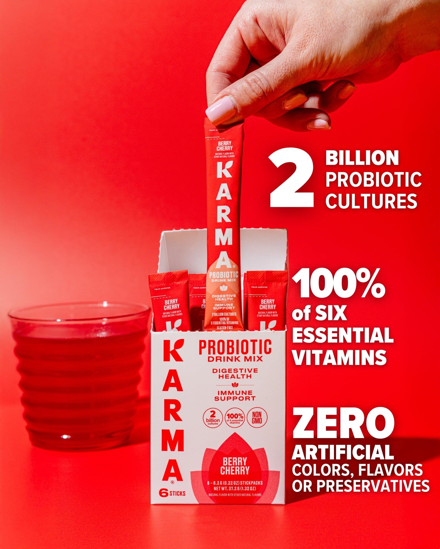 Karma Probiotic Hydration Packet - 6 Pack, Berry Cherry Powder Drink Mix Stick - On-The-Go Immune & Gut Health Support