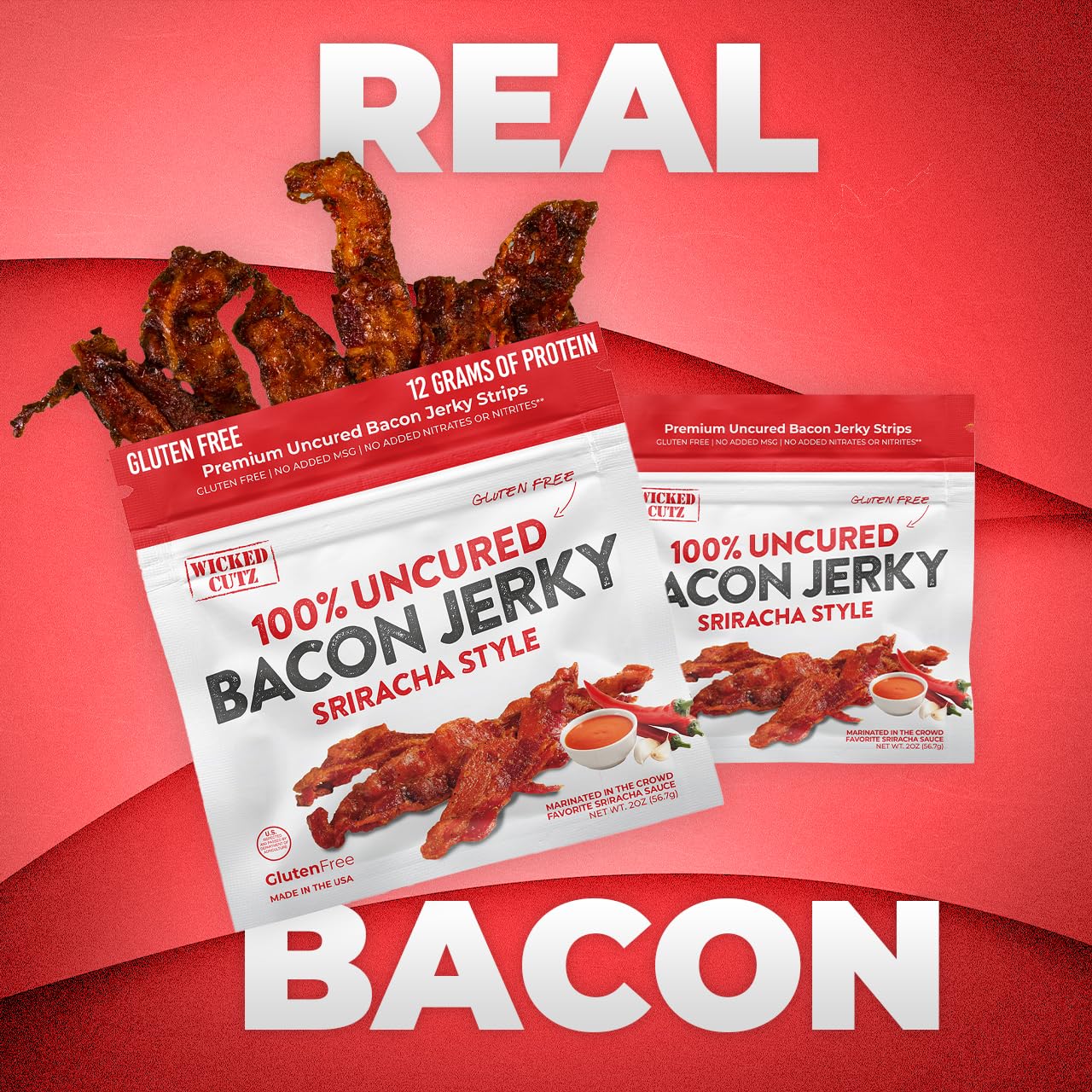 Wicked Cutz Sriracha Flavored Bacon Jerky, 12G Protein Per Bag, Tender & Easy To Chew Fully Cooked Bacon, Usa Made High Protein