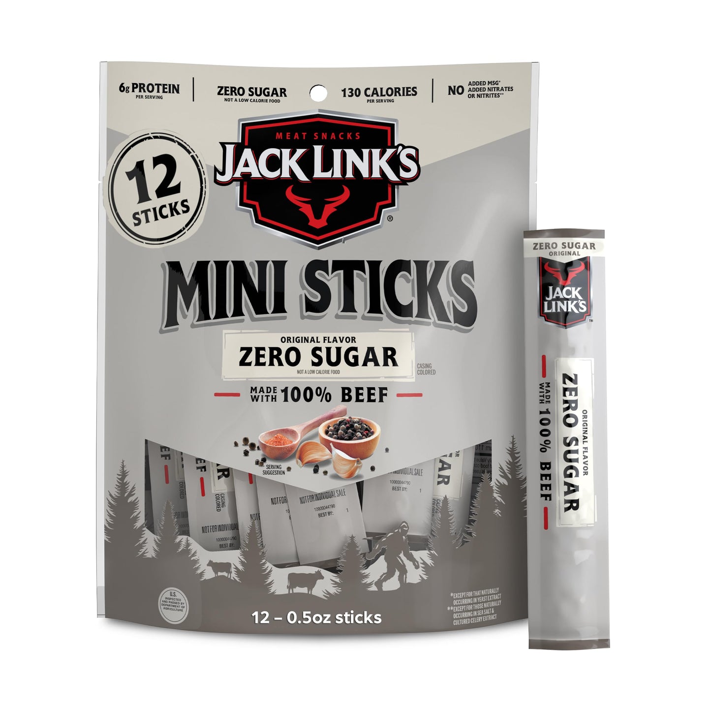 Jack Link's Mini 100% Beef Sticks, Original Zero Sugar - 6g of Protein Snacks, 65 Calories per Stick, On the Go Snacking, Keto, 
