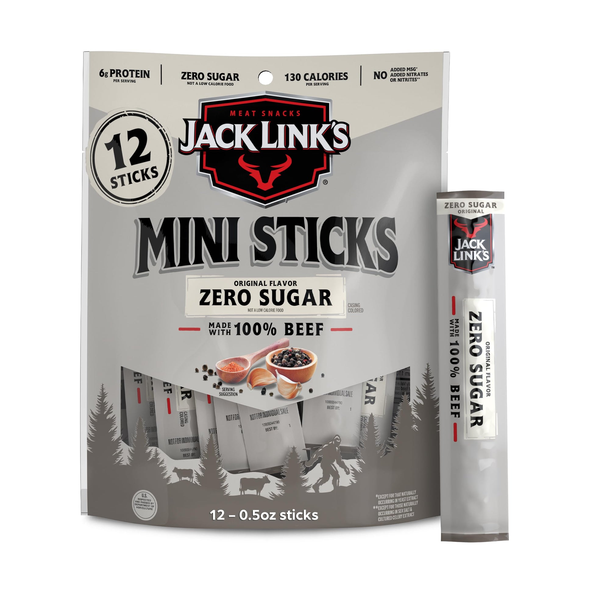 Jack Link's Mini 100% Beef Sticks, Original Zero Sugar - 6g of Protein Snacks, 65 Calories per Stick, On the Go Snacking, Keto, 