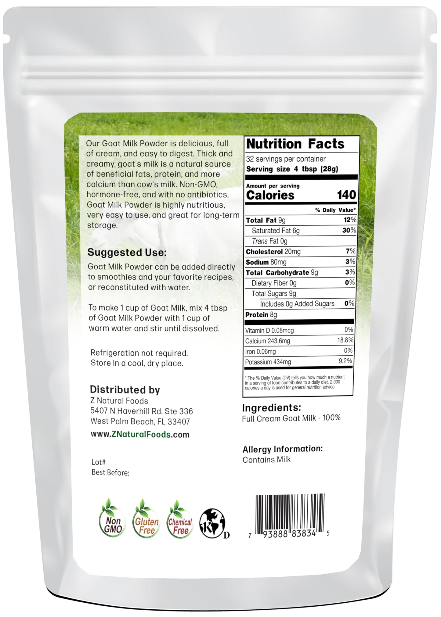Z Natural Foods Goat Milk Powder - Full Cream, Nutrient-Rich, 32 oz, White