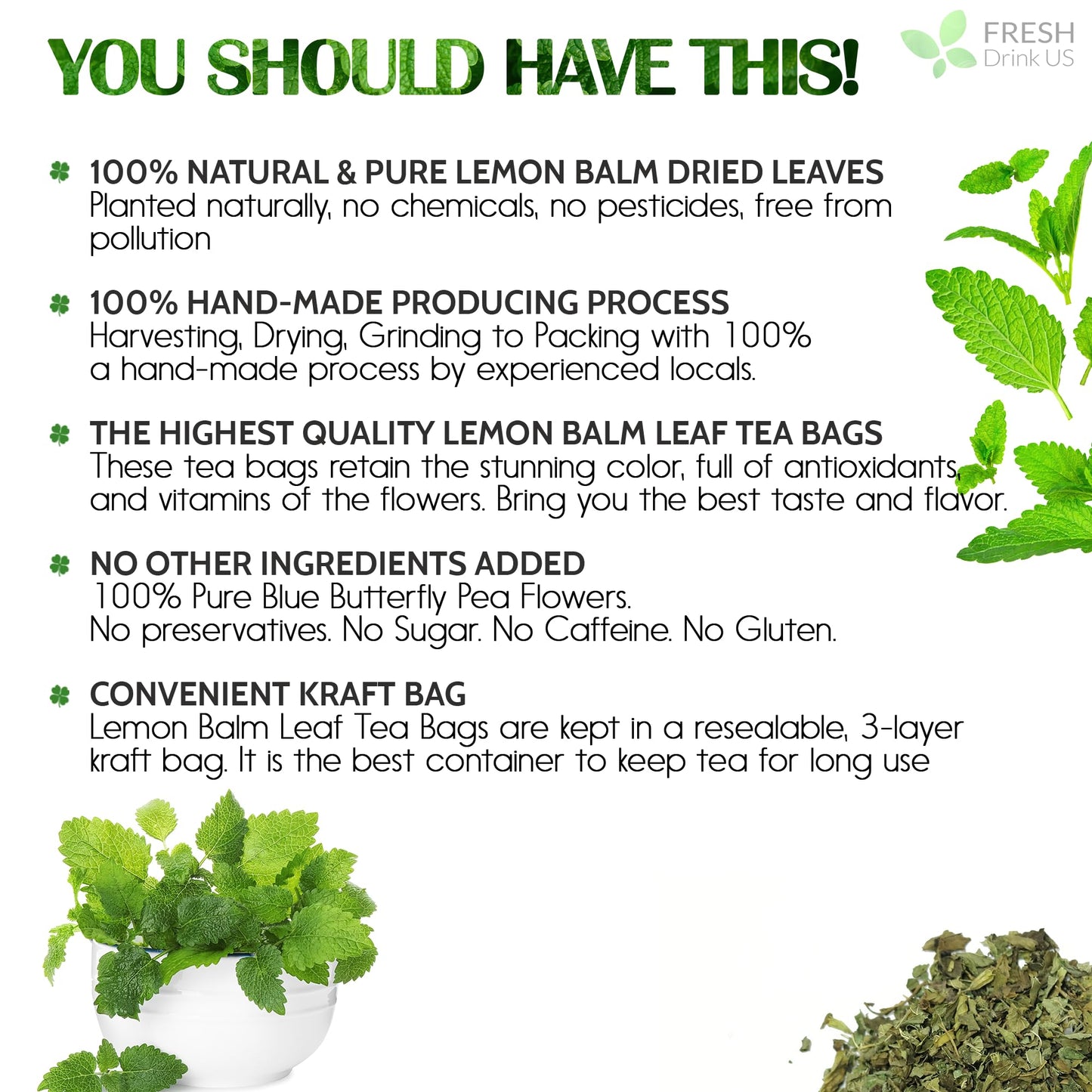 FRESHDRINKUS Lemon Balm Leaf Tea Bags, 120 Count, 100% Natural, Caffeine-Free, Vegan, Herbal Tea