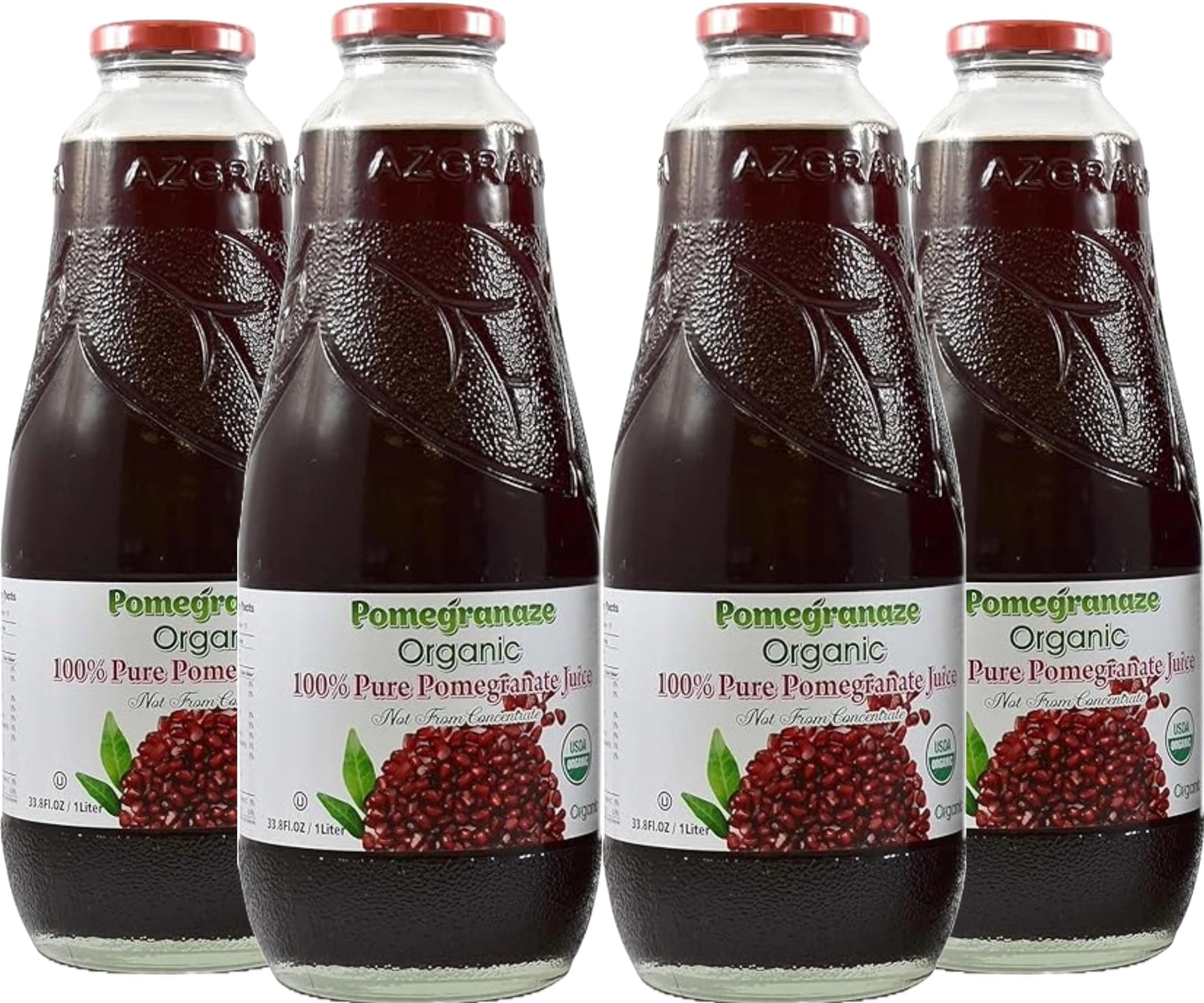 100% Organic Pomegranate Juice, 33.8 Oz Glass Bottle (4 Pack) No Sugar, No Artificial Colors, No Preservatives, No Flavors Added
