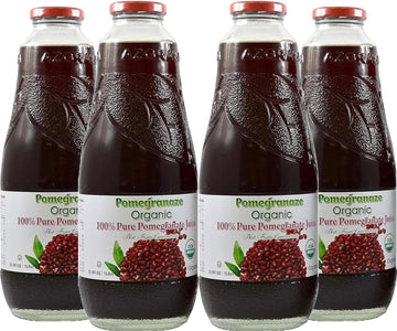 100% Organic Pomegranate Juice, 33.8 Oz Glass Bottle (4 Pack) No Sugar, No Artificial Colors, No Preservatives, No Flavors Added