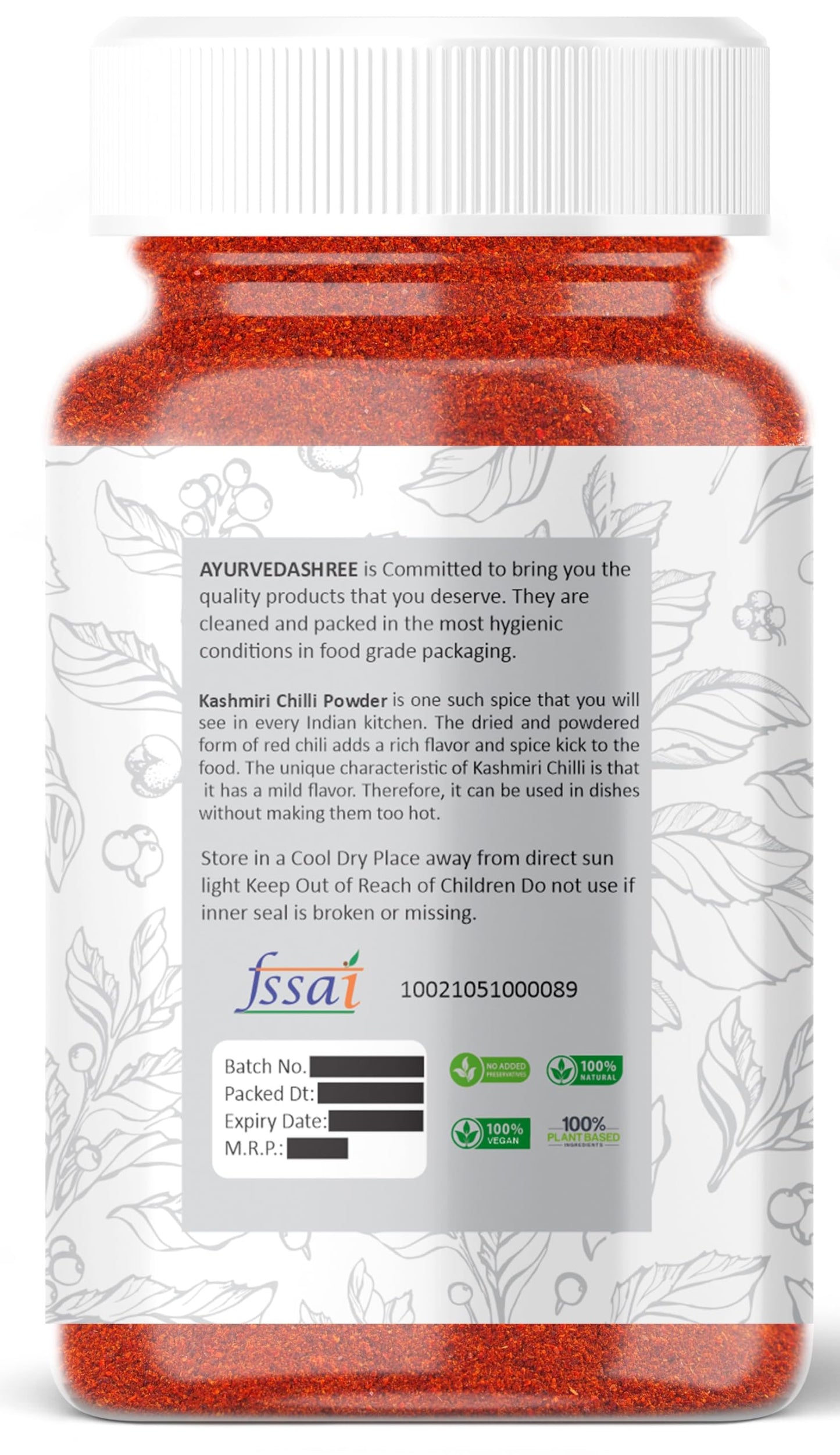 AYURVEDASHREE Kashmiri Chilli Powder, Deggi Mirch, Vegan, Salt-Free, 100gm PET Jar