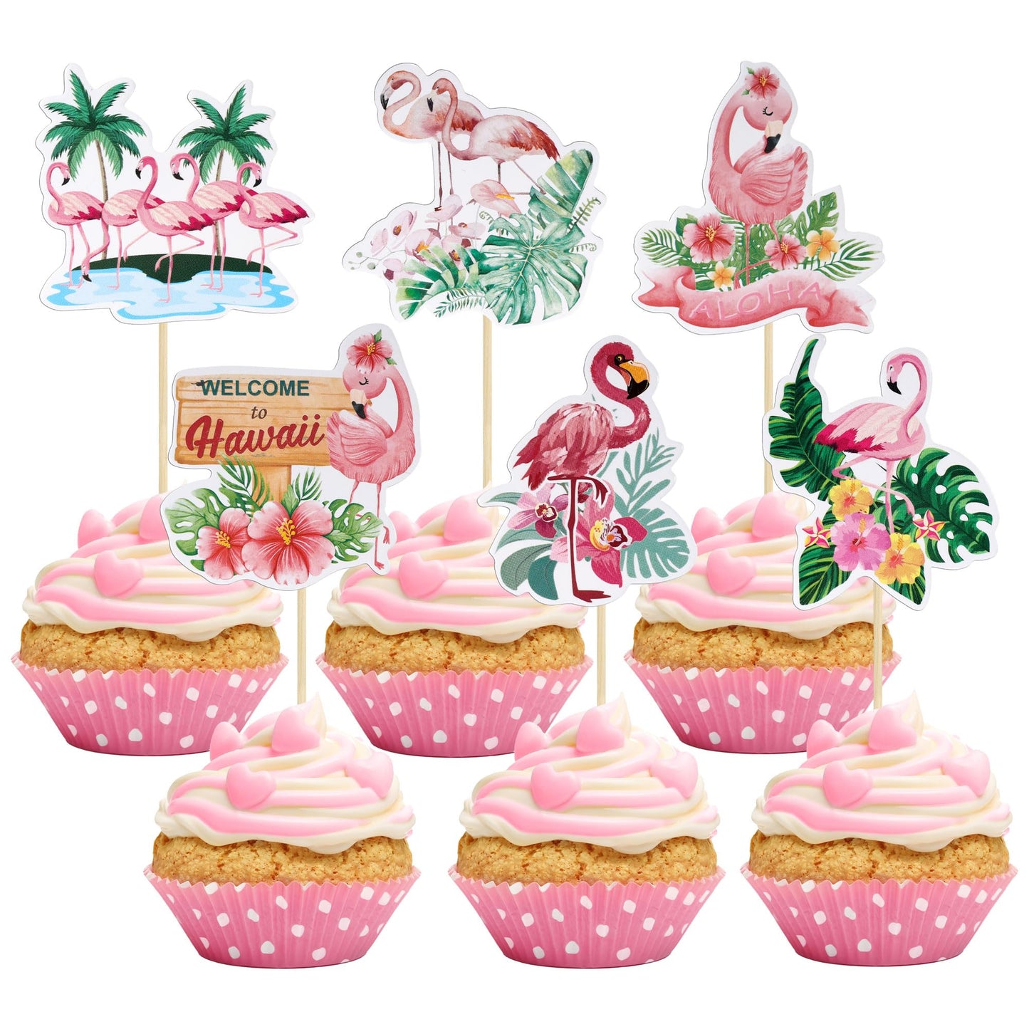 Gyufise 36Pcs Flamingo Cupcake Toppers Tropical Aloha Luau Picks Paper Multi-2