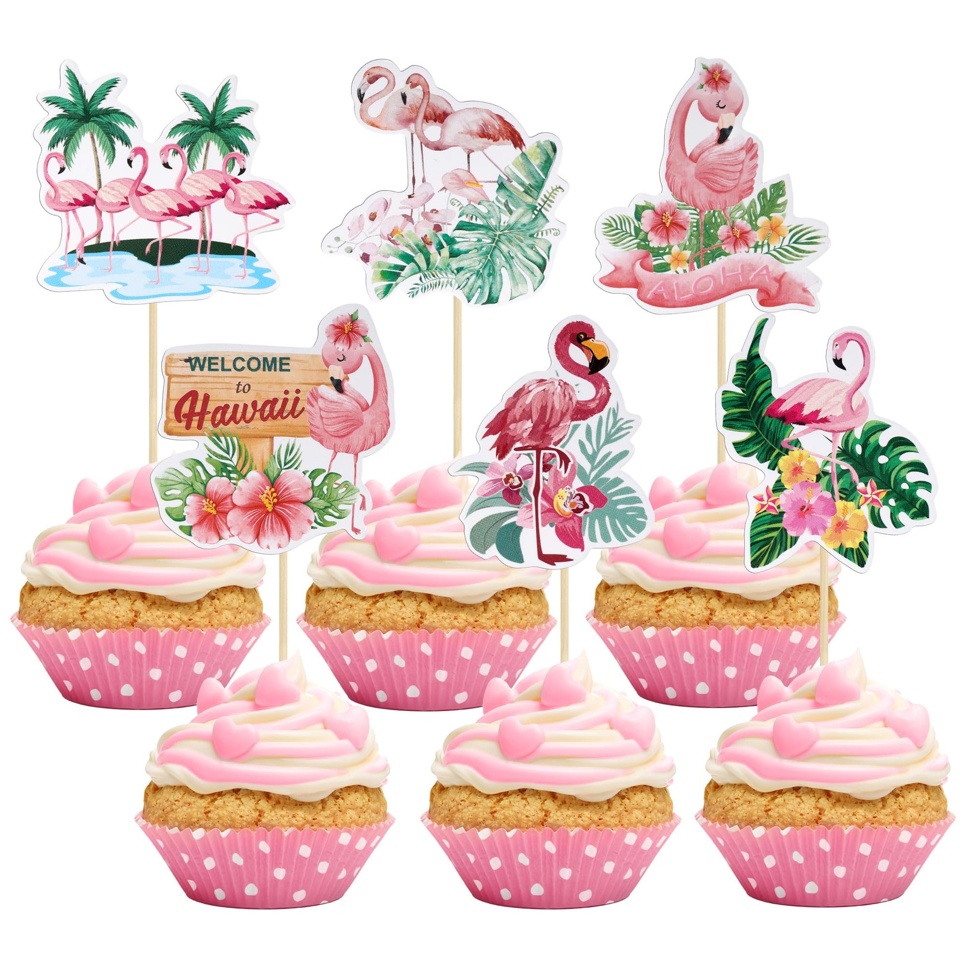 Gyufise 36Pcs Flamingo Cupcake Toppers Tropical Aloha Luau Picks Paper Multi-2