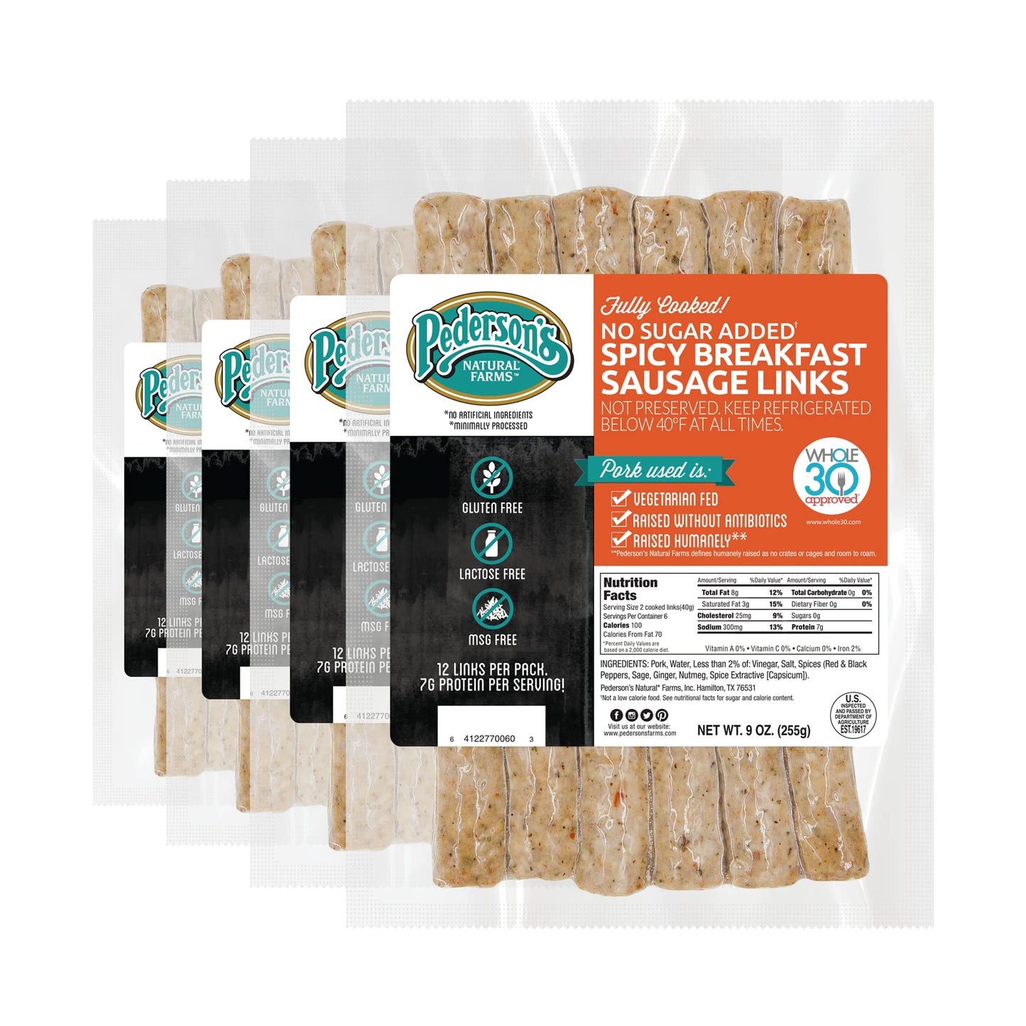 Pedersons Natural Farms Spicy Breakfast Pork Sausage Links, Fully Cooked, Keto & Paleo Friendly, No Sugar Added, 9oz (Pack of 4)