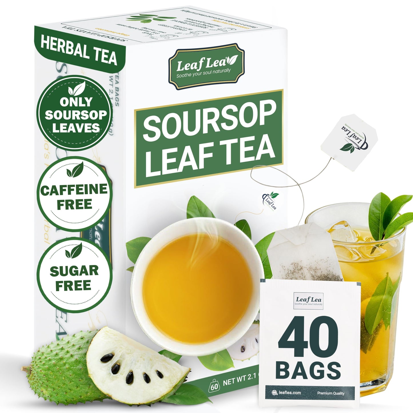 LeafLea Soursop Leaf Tea Bags - Natural Digestive Support, Caffeine-Free, 40 Bags
