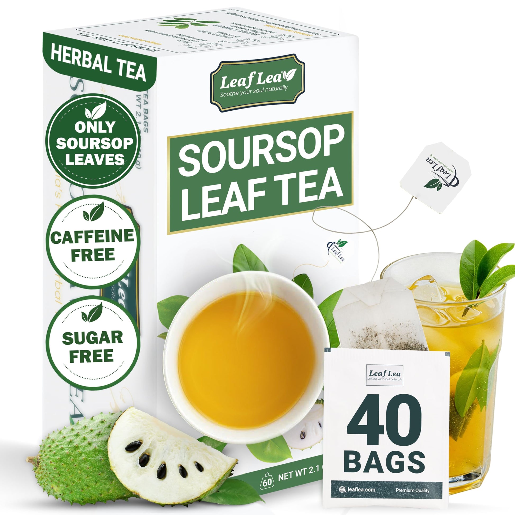 LeafLea Soursop Leaf Tea Bags - Natural Digestive Support, Caffeine-Free, 40 Bags