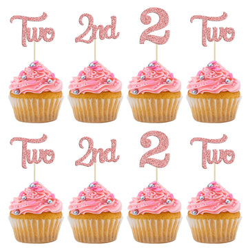 24Pcs Two Cupcake Toppers Glitter 2Nd Birthday Cupcake Picks For Baby Shower Second Birthday Party Cake Decorations Supplies Ros
