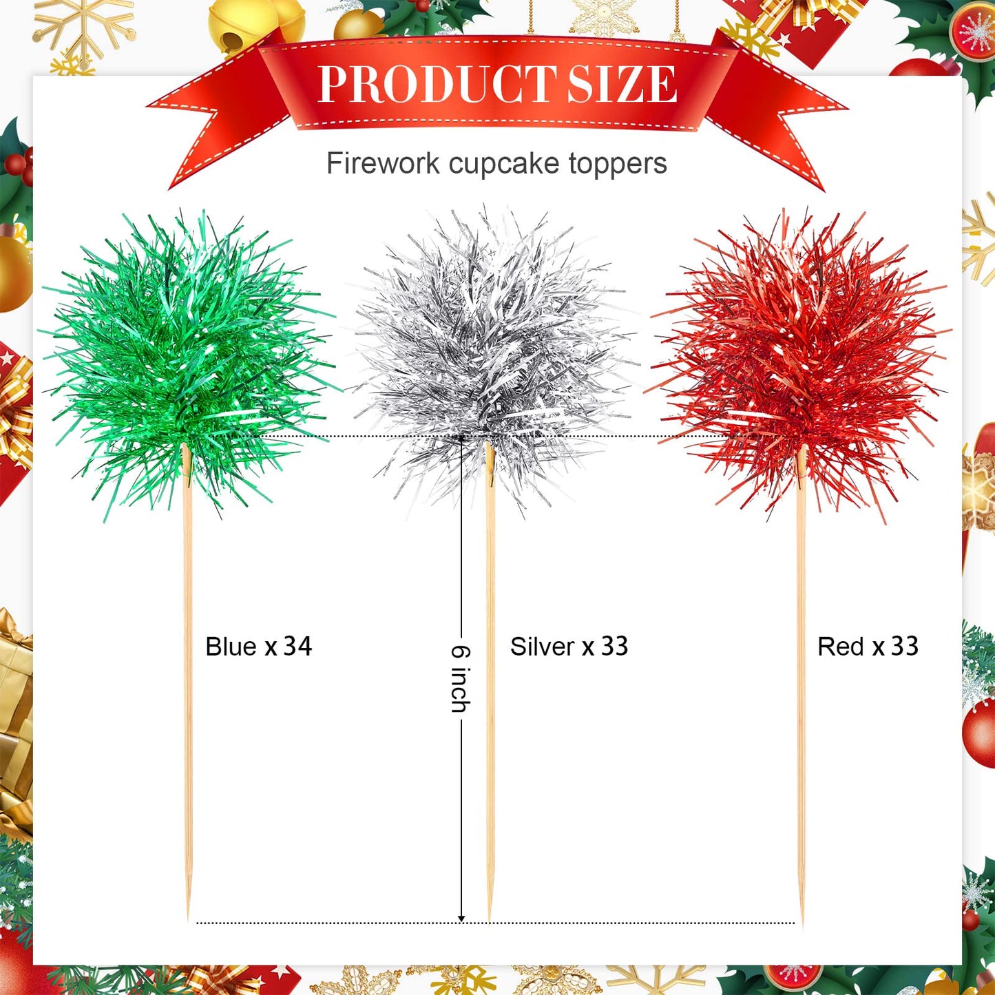 Chinco Foil Firework Cupcake Toppers, 100 Pcs, Wood, Silver/Red/Green, Model Chinco-8882