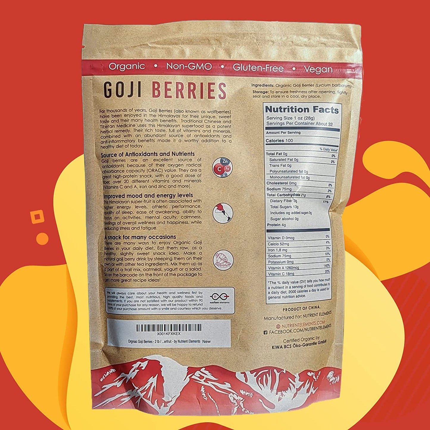 Nutrient Elements Goji Berries - 0.5 Lb/8 Oz. Certified Usda Organic, Raw, Sun-Dried, Hand-Picked, Usa Lab Tested - Resealable Bag - Extra Large Size Berries - No Additives - Free Recipe Book