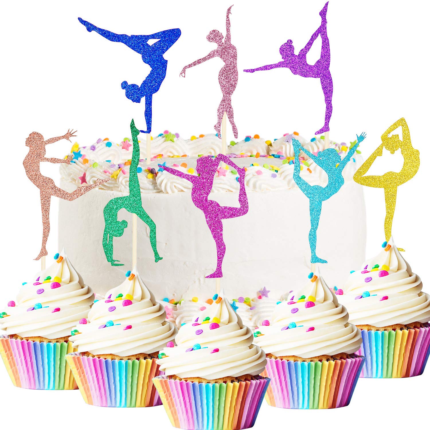 48 Pieces Glitter Gymnastics Cupcake Toppers Gymnast Girl Cupcake Picks Toothpicks Colorful Gymnastics Silhouette Cake Decoratio