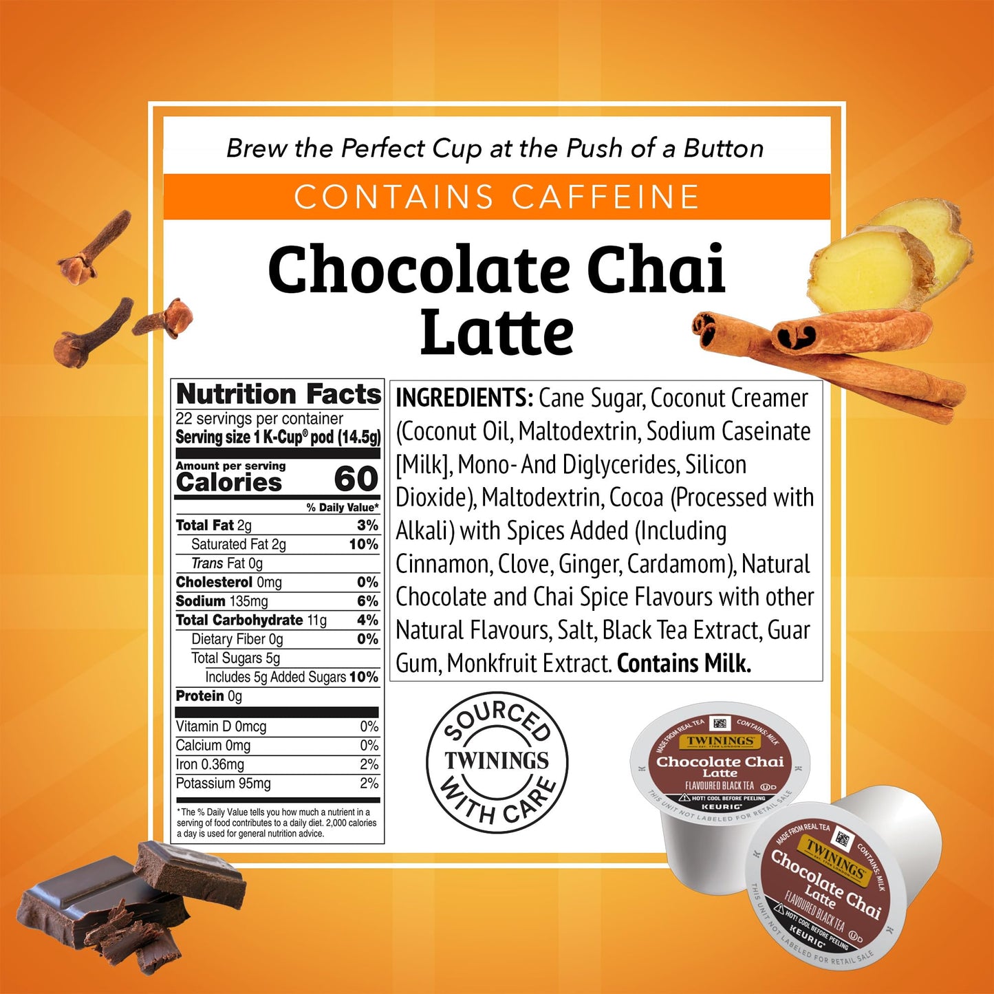 NEW Twinings Chocolate Chai Latte Tea K-Cup Pods for Keurig, 22 Count (Pack of 1), Velvety Smooth Cocoa with Real Spiced Tea, Ca