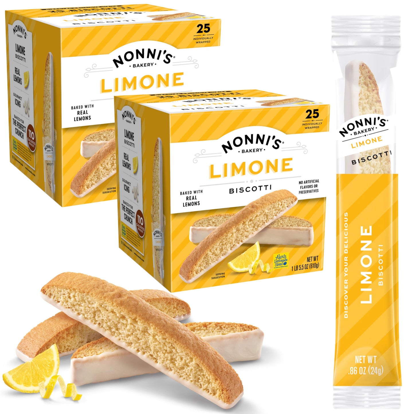 Nonnis Limone Biscotti Cookies Tub - Individually Wrapped - 2-Pack (43 Ounces) - Kosher Lemon Cookies for Tea