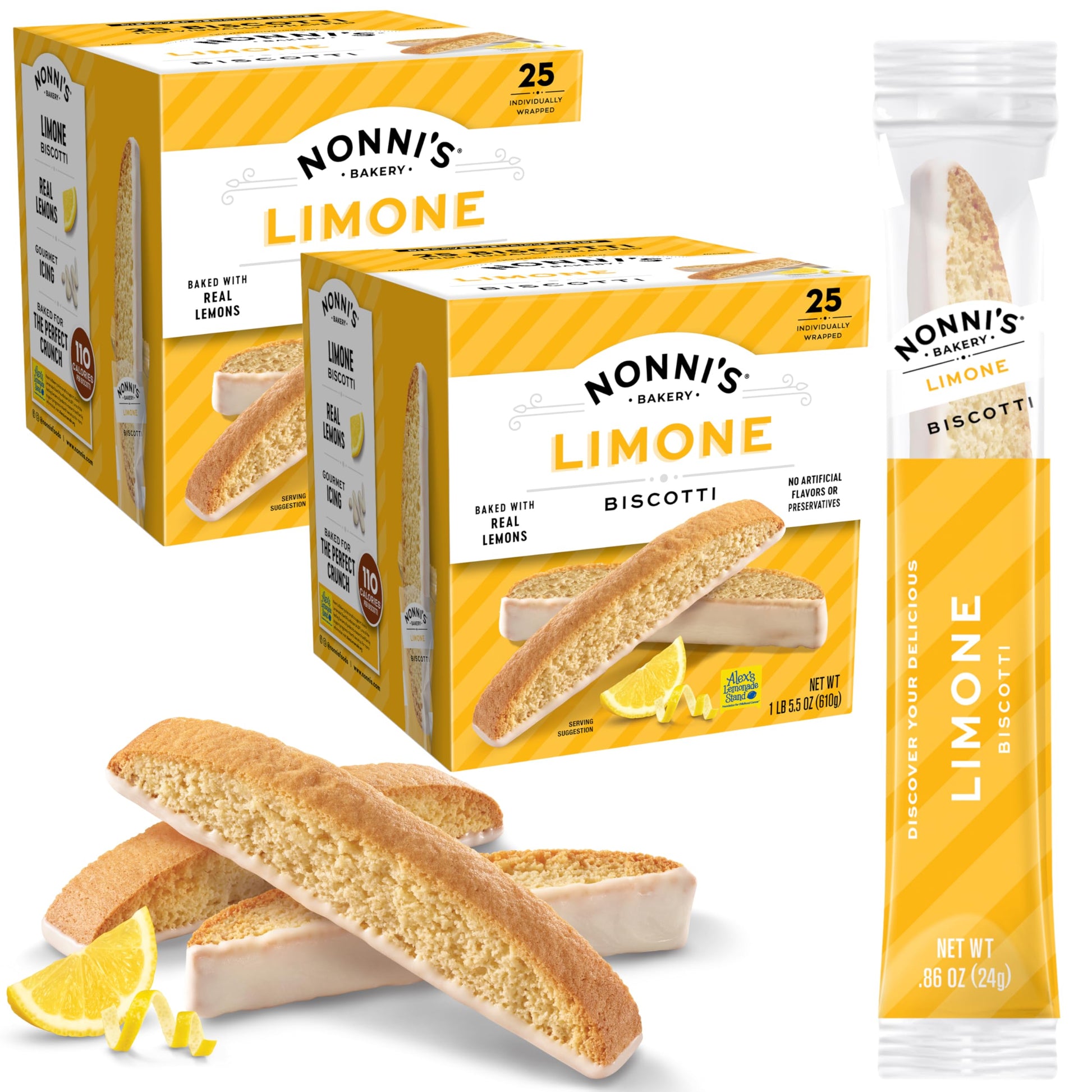 Nonnis Limone Biscotti Cookies Tub - Individually Wrapped - 2-Pack (43 Ounces) - Kosher Lemon Cookies for Tea