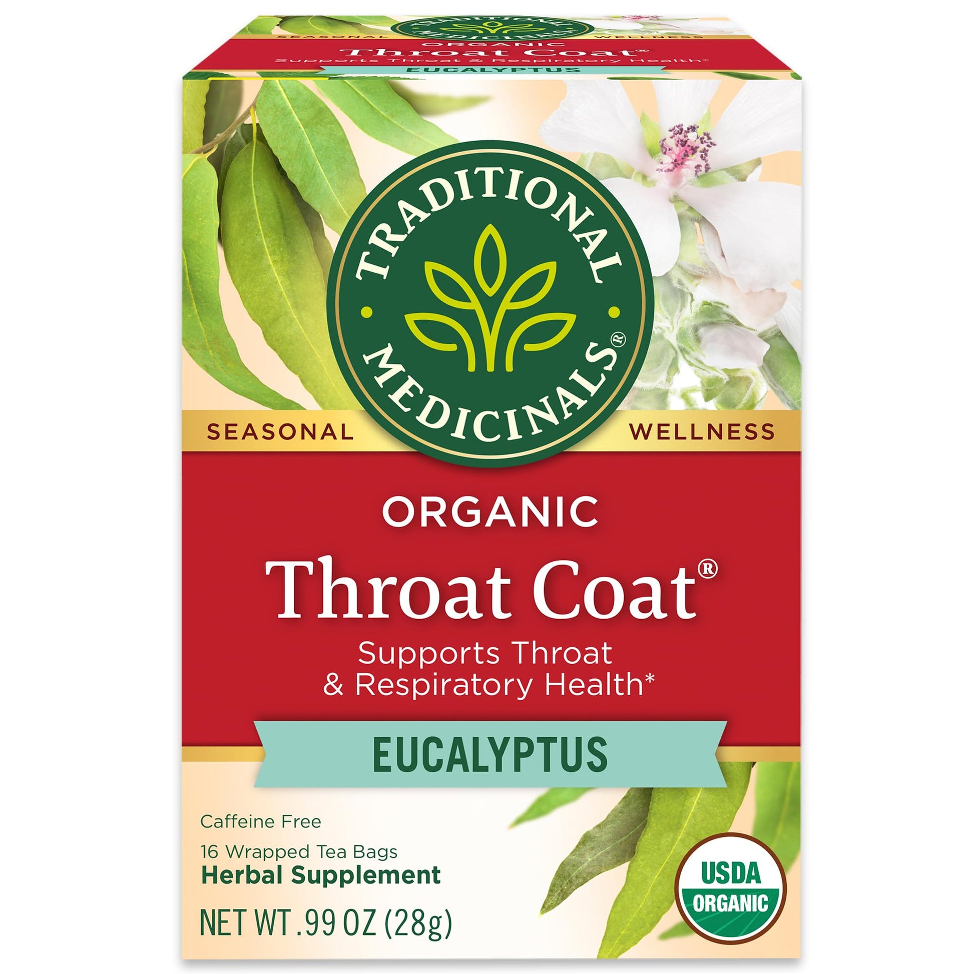 Traditional Medicinals Throat Coat Tea, Eucalyptus & Slippery Elm, 16 Tea Bags, Caffeine-Free, Non-GMO, Compostable